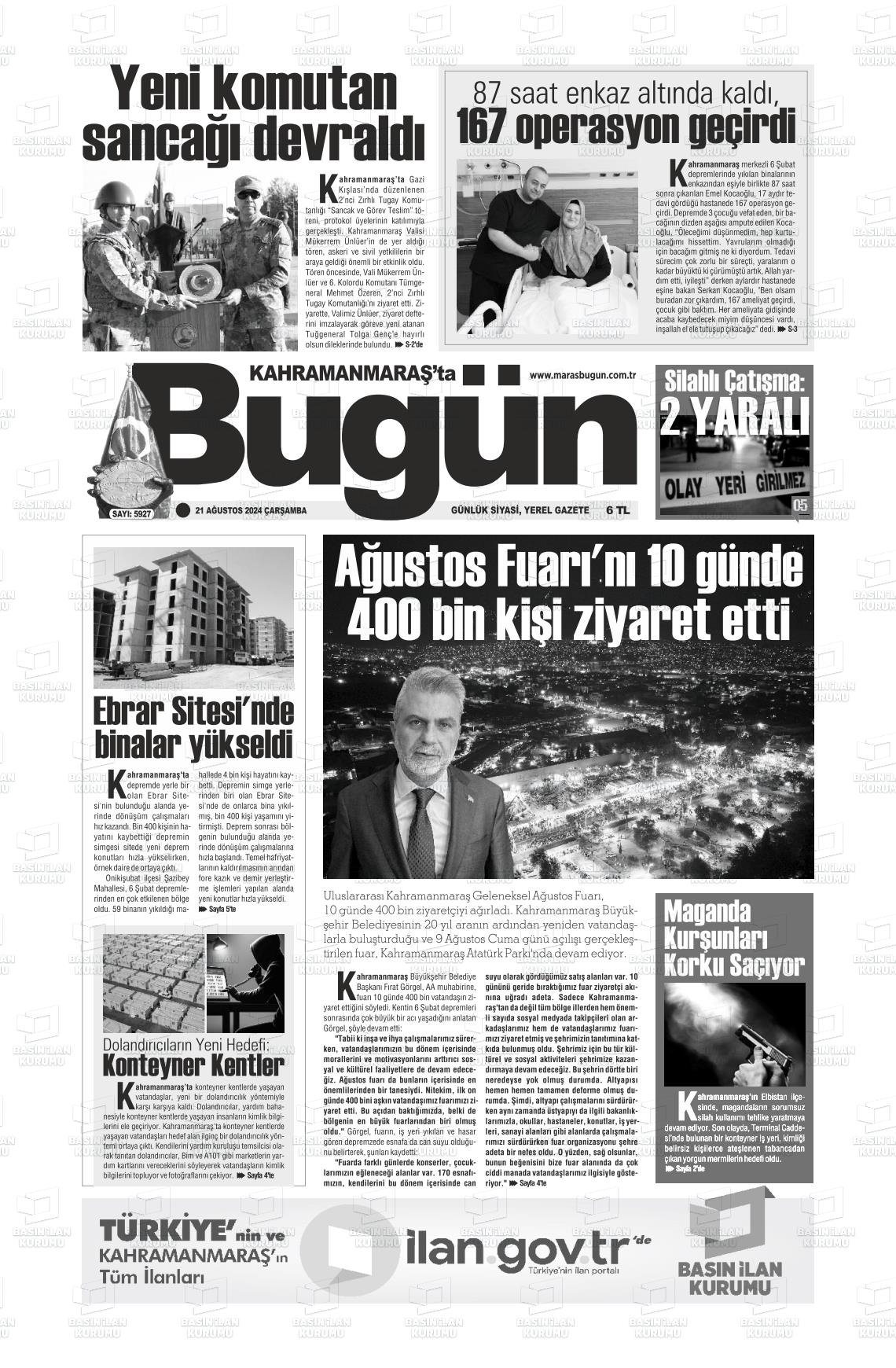 21 Ağustos 2024 Maraş Bugün Gazete Manşeti