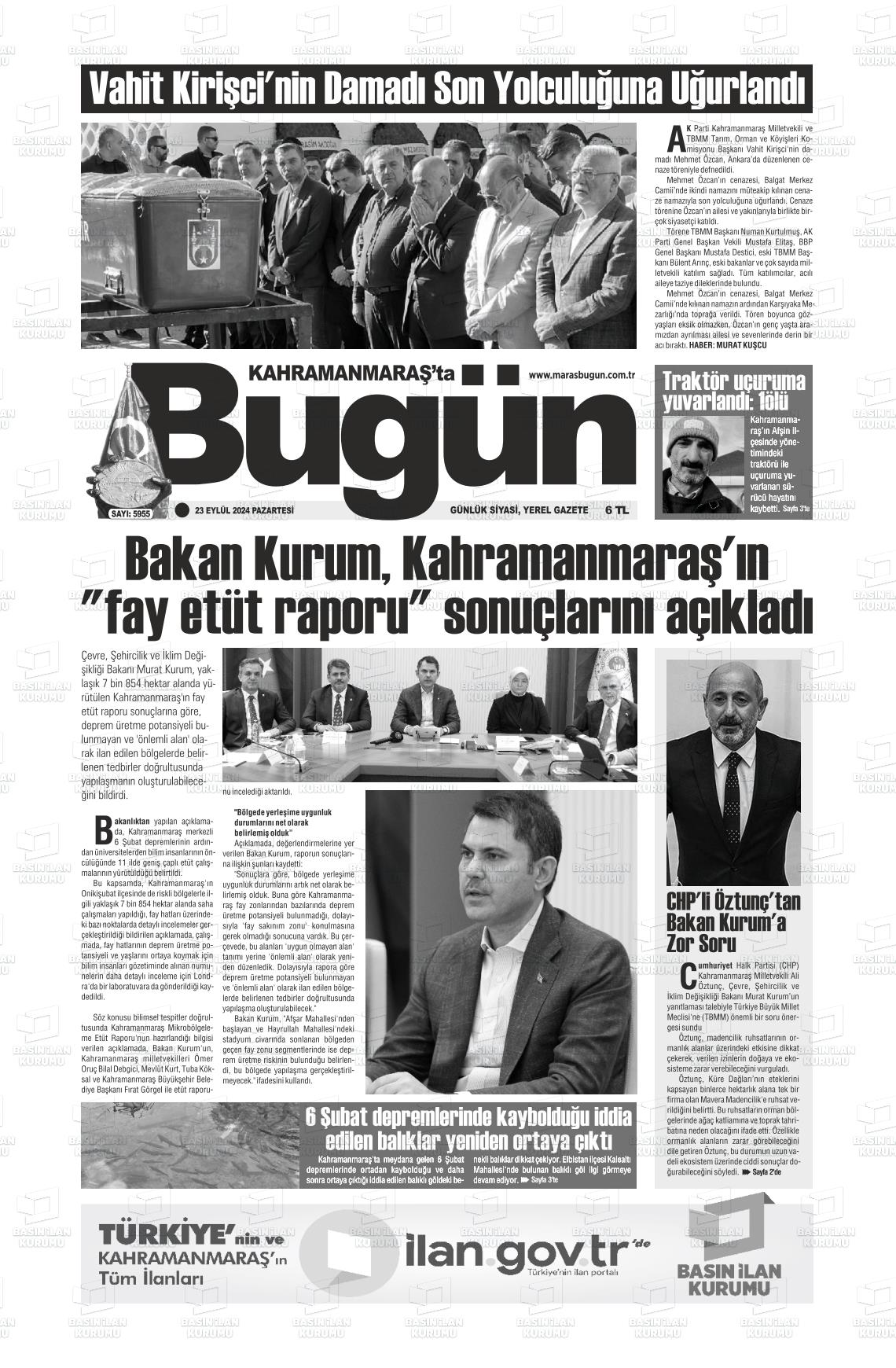 23 Eylül 2024 Maraş Bugün Gazete Manşeti