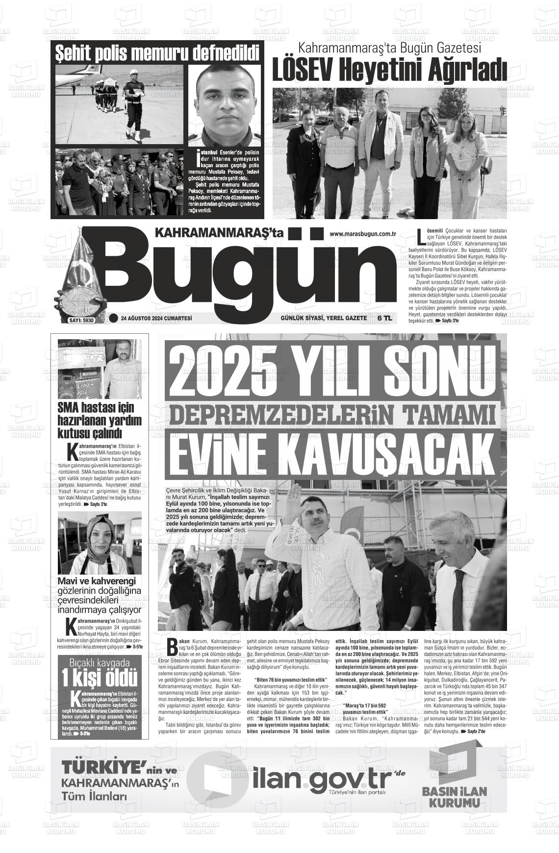 24 Ağustos 2024 Maraş Bugün Gazete Manşeti