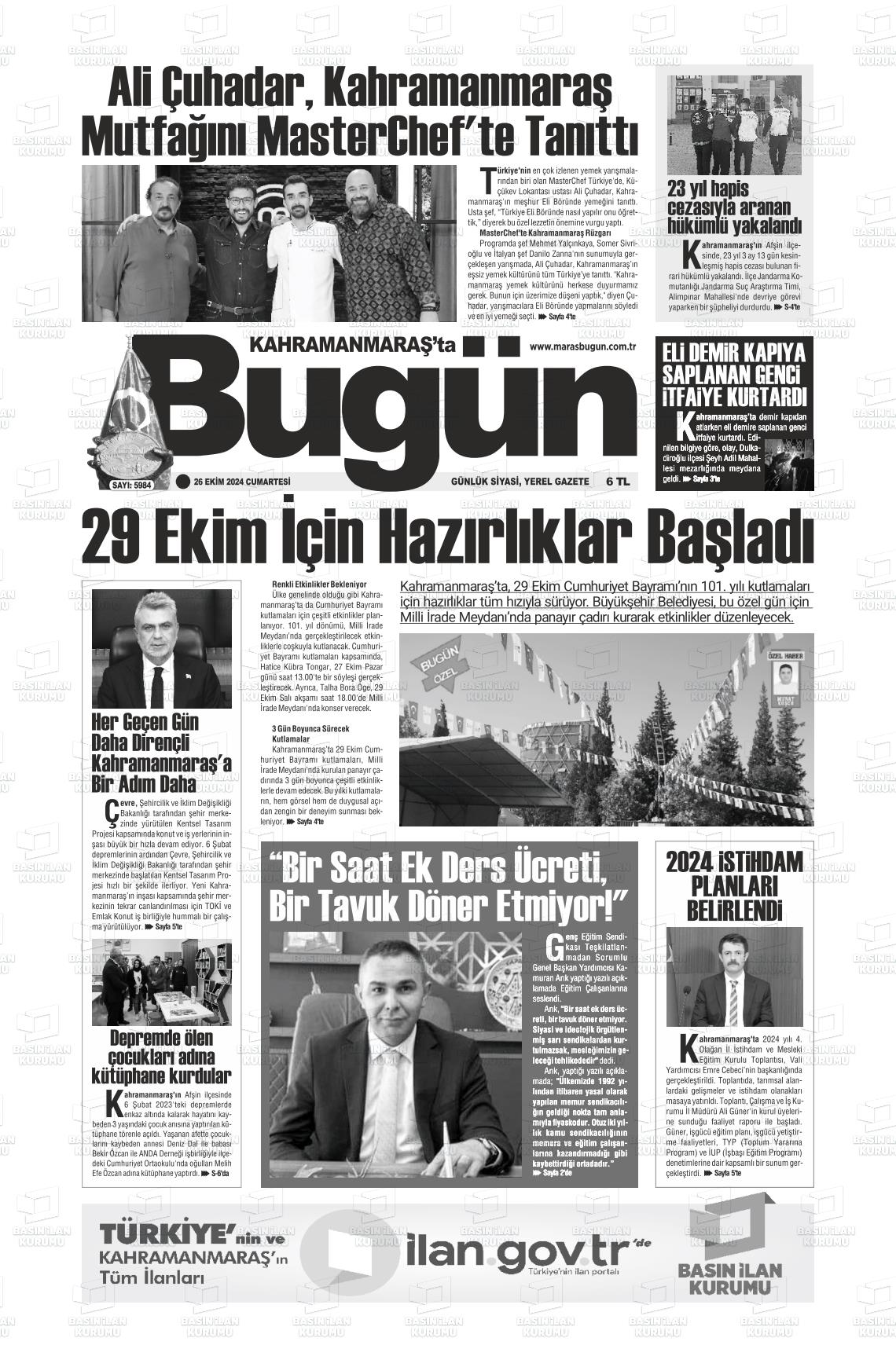 26 Ekim 2024 Maraş Bugün Gazete Manşeti