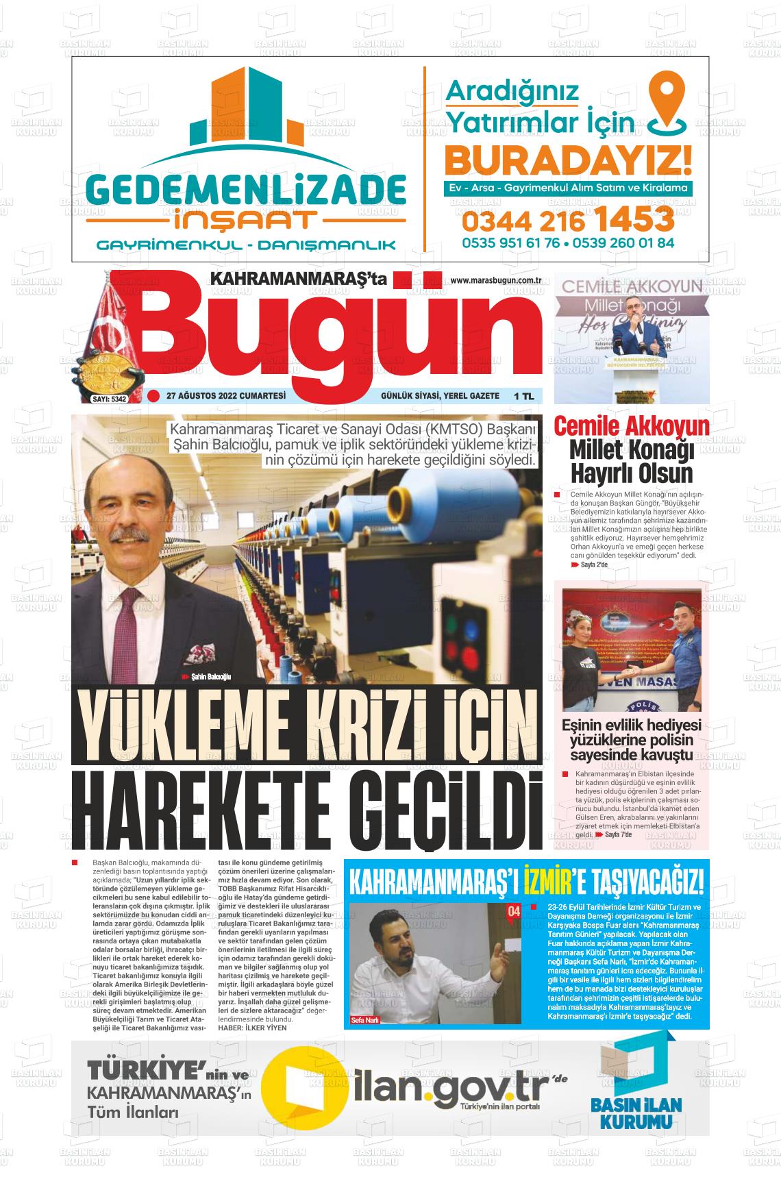 27 Ağustos 2022 Maraş Bugün Gazete Manşeti