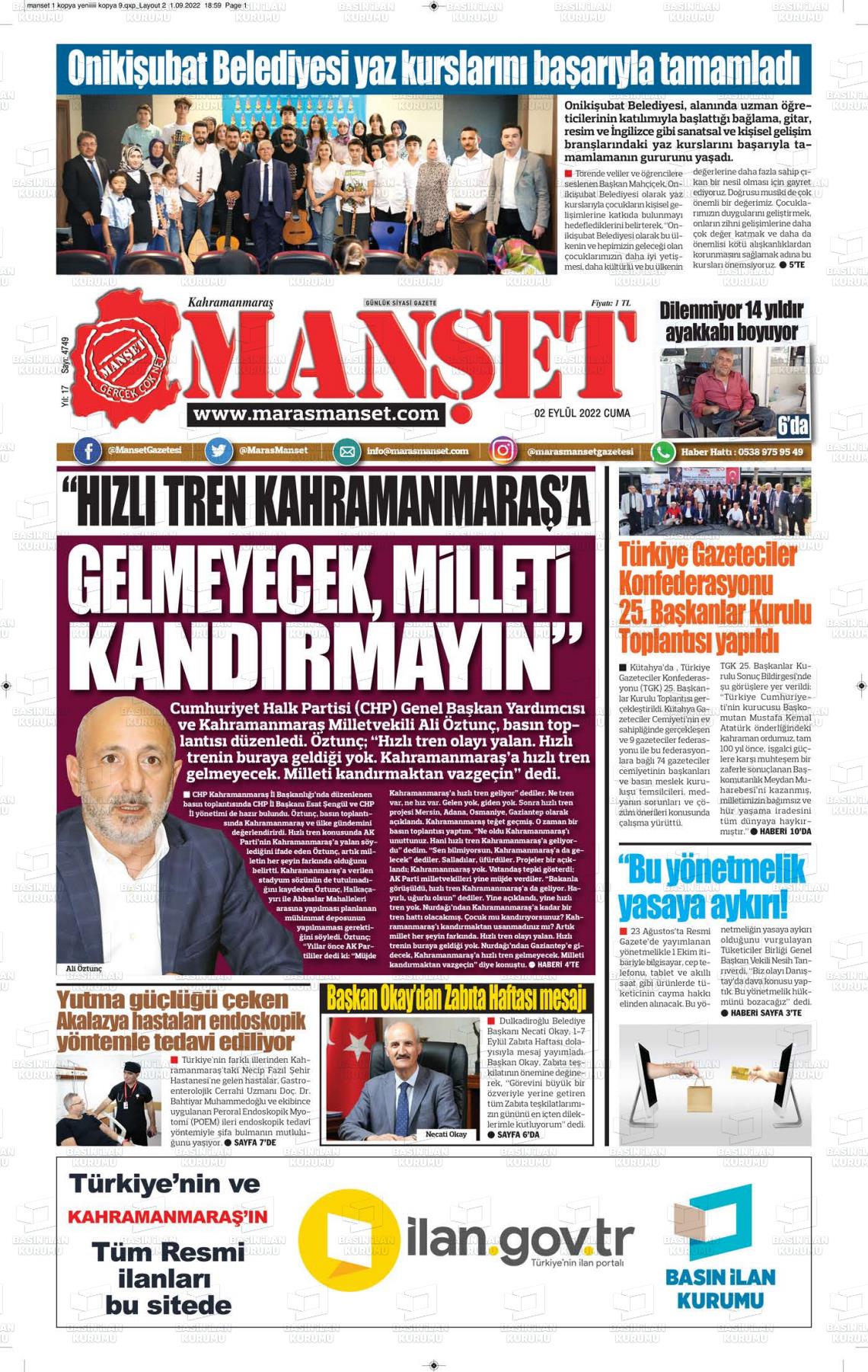 02 Eylül 2022 Manşet Gazete Manşeti