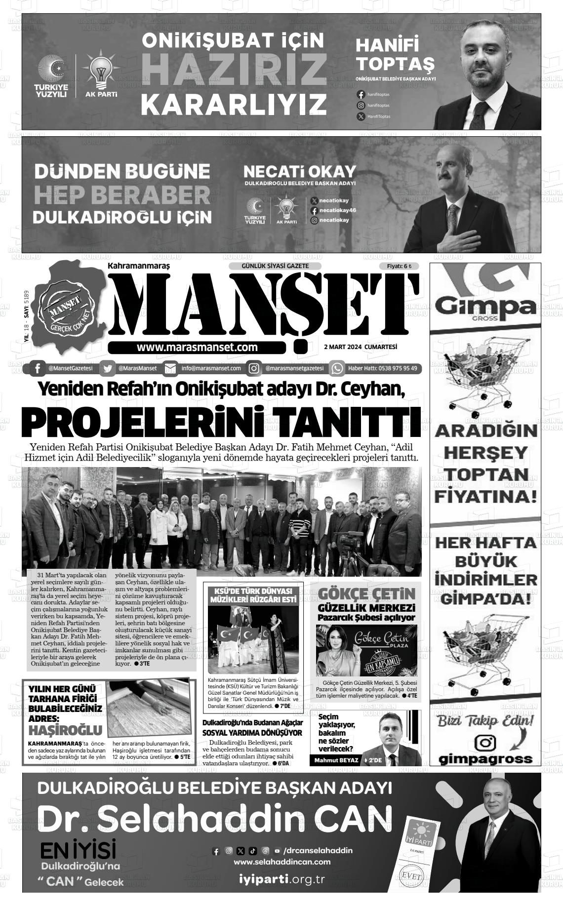 02 Mart 2024 Manşet Gazete Manşeti