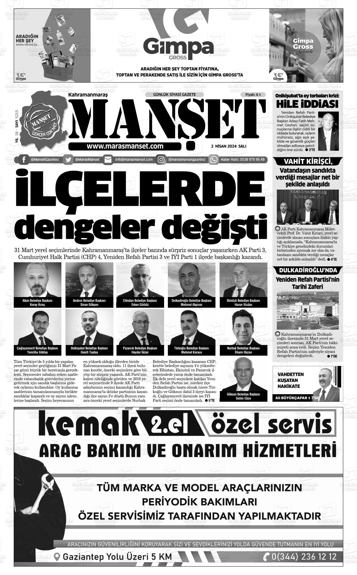 02 Nisan 2024 Manşet Gazete Manşeti