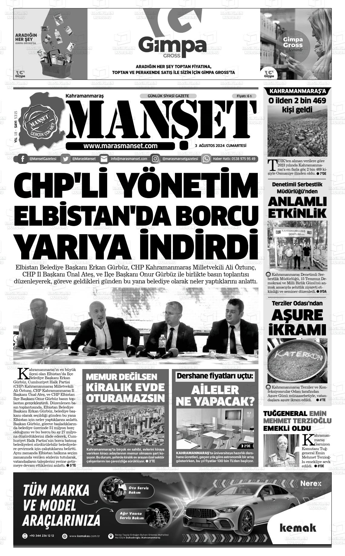 03 Ağustos 2024 Manşet Gazete Manşeti