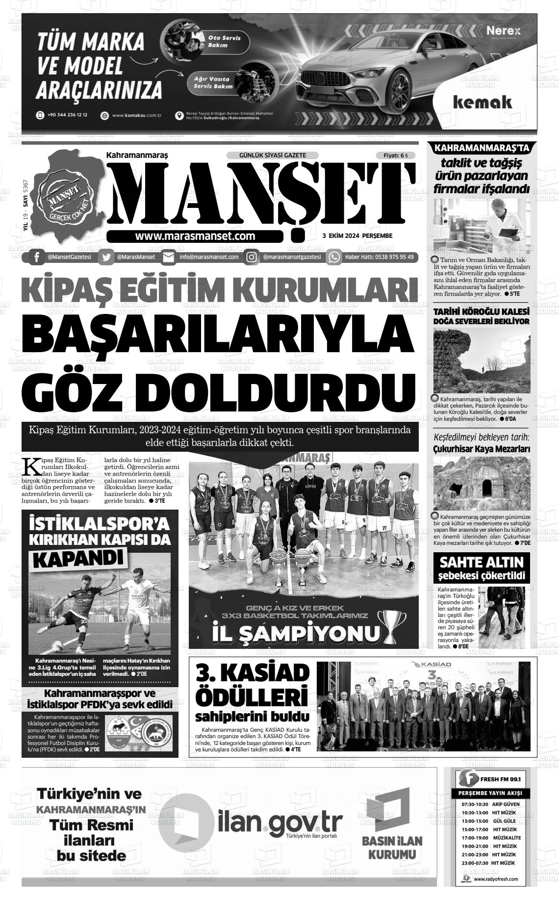 03 Ekim 2024 Manşet Gazete Manşeti