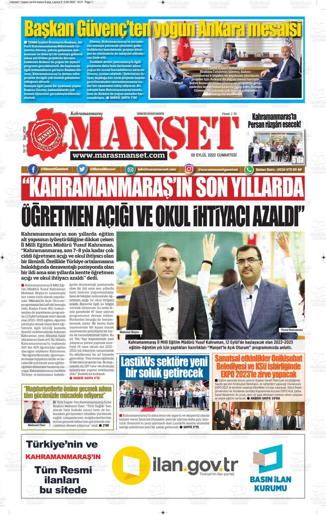 03 Eylül 2022 Manşet Gazete Manşeti