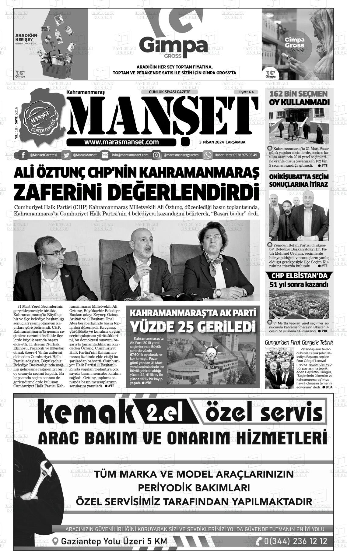 03 Nisan 2024 Manşet Gazete Manşeti