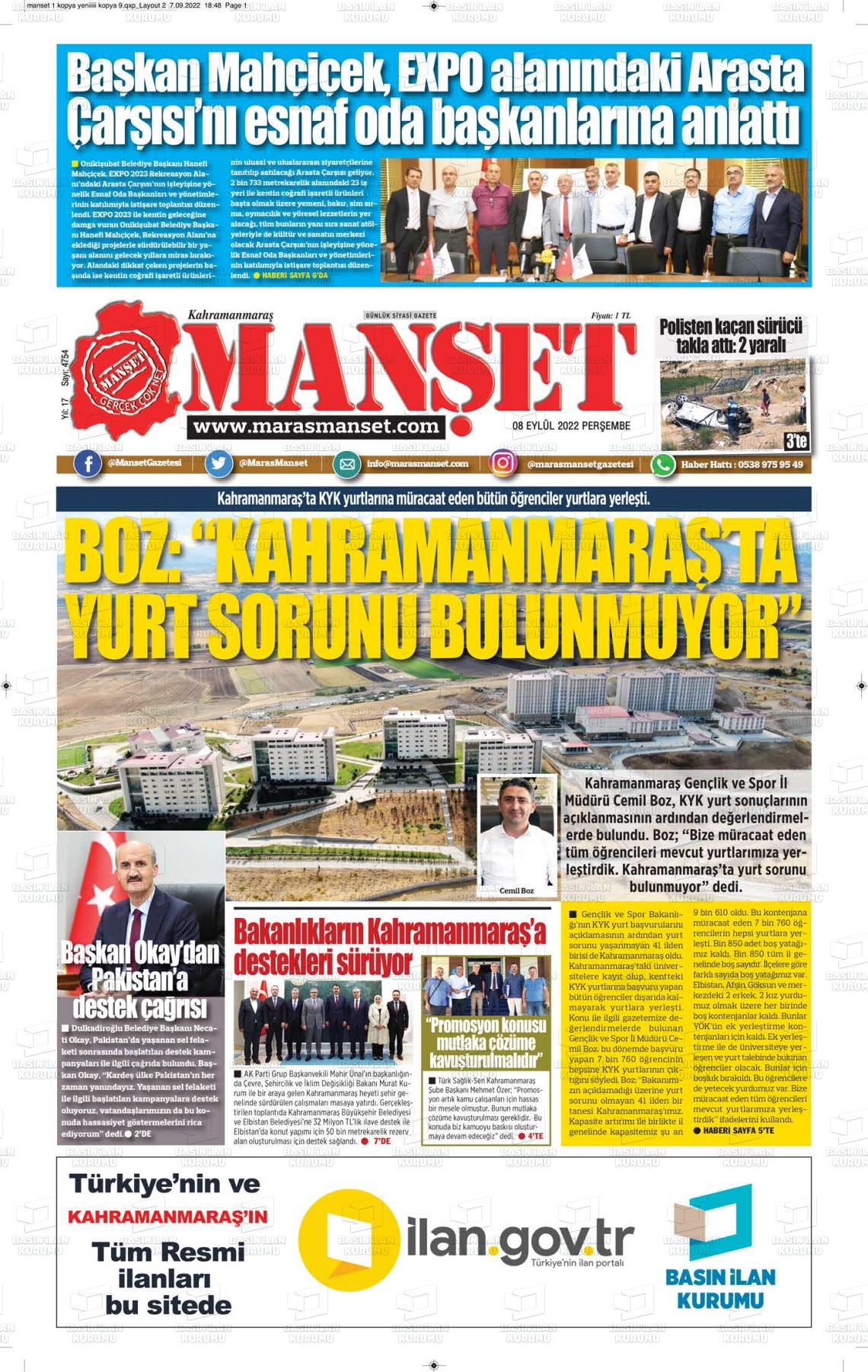 08 Eylül 2022 Manşet Gazete Manşeti