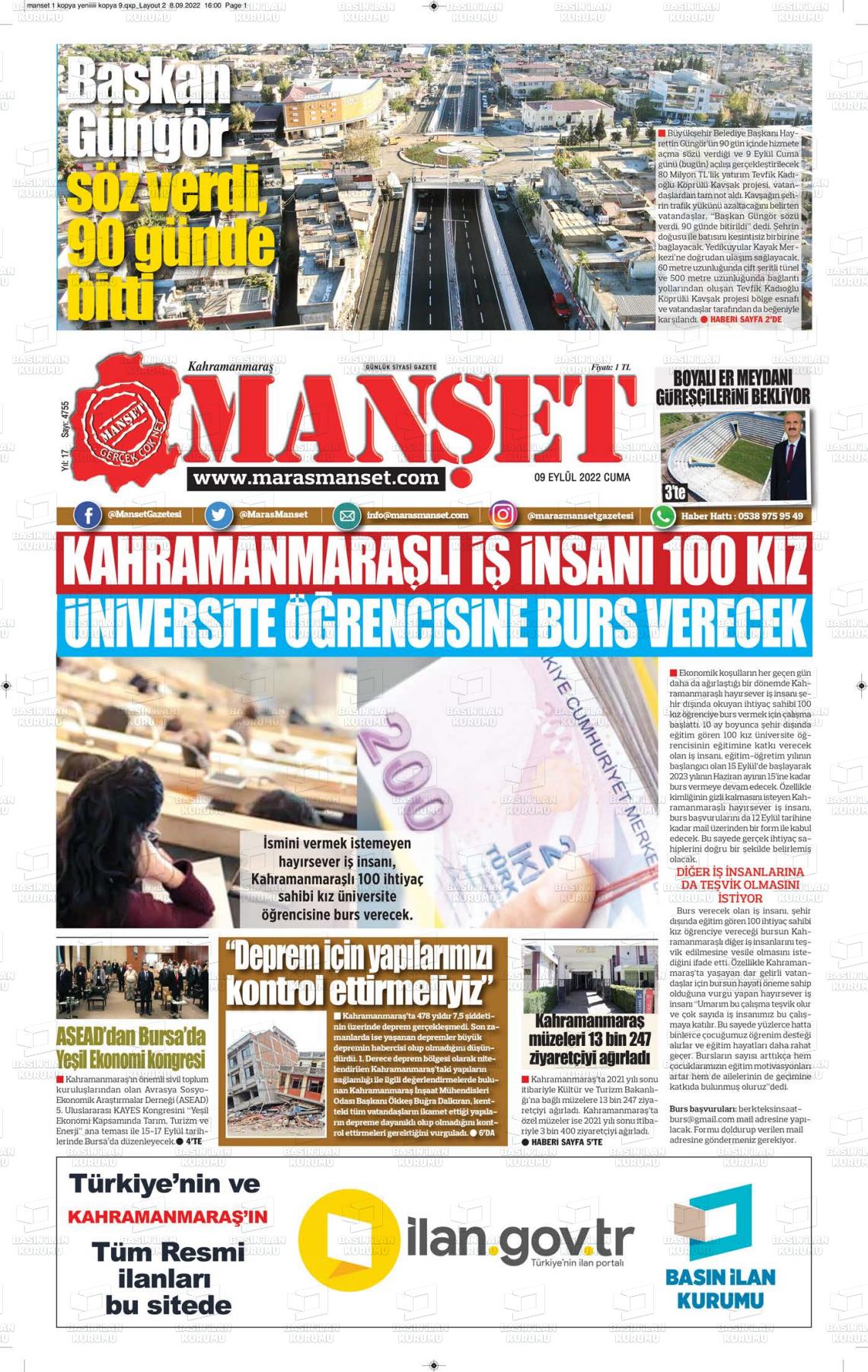 09 Eylül 2022 Manşet Gazete Manşeti