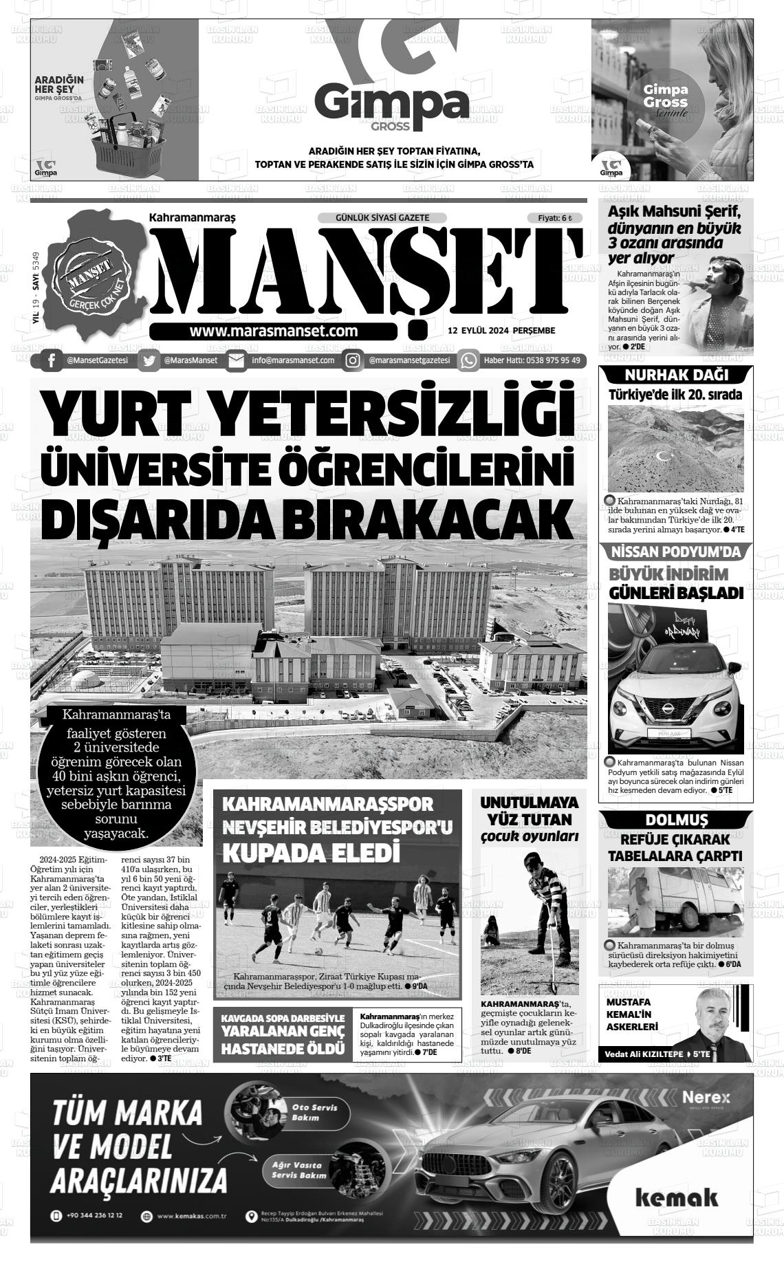 12 Eylül 2024 Manşet Gazete Manşeti