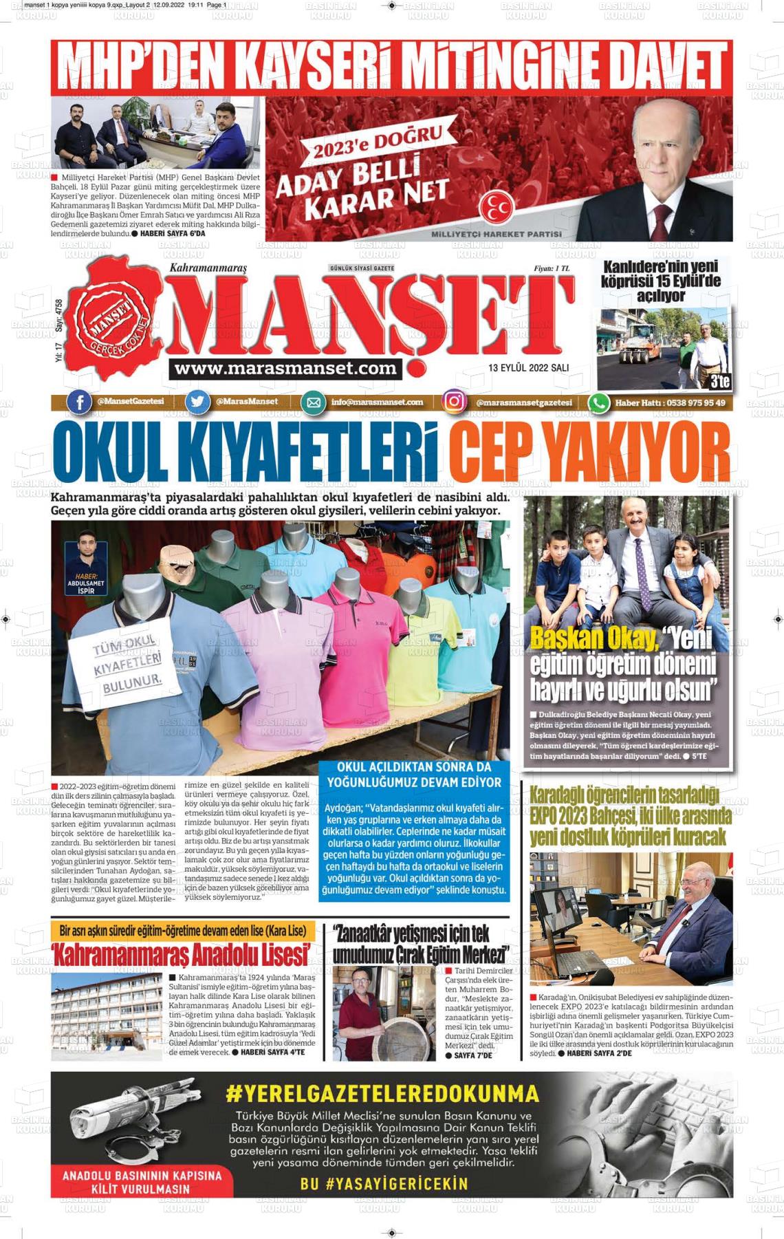 13 Eylül 2022 Manşet Gazete Manşeti