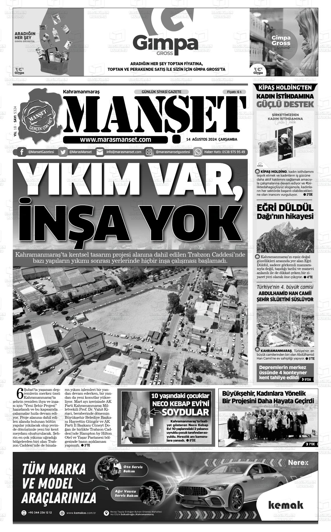 14 Ağustos 2024 Manşet Gazete Manşeti