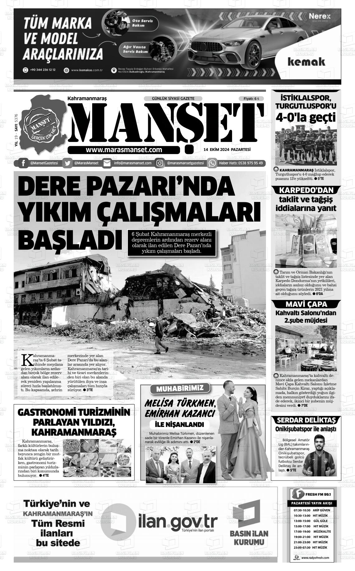 14 Ekim 2024 Manşet Gazete Manşeti