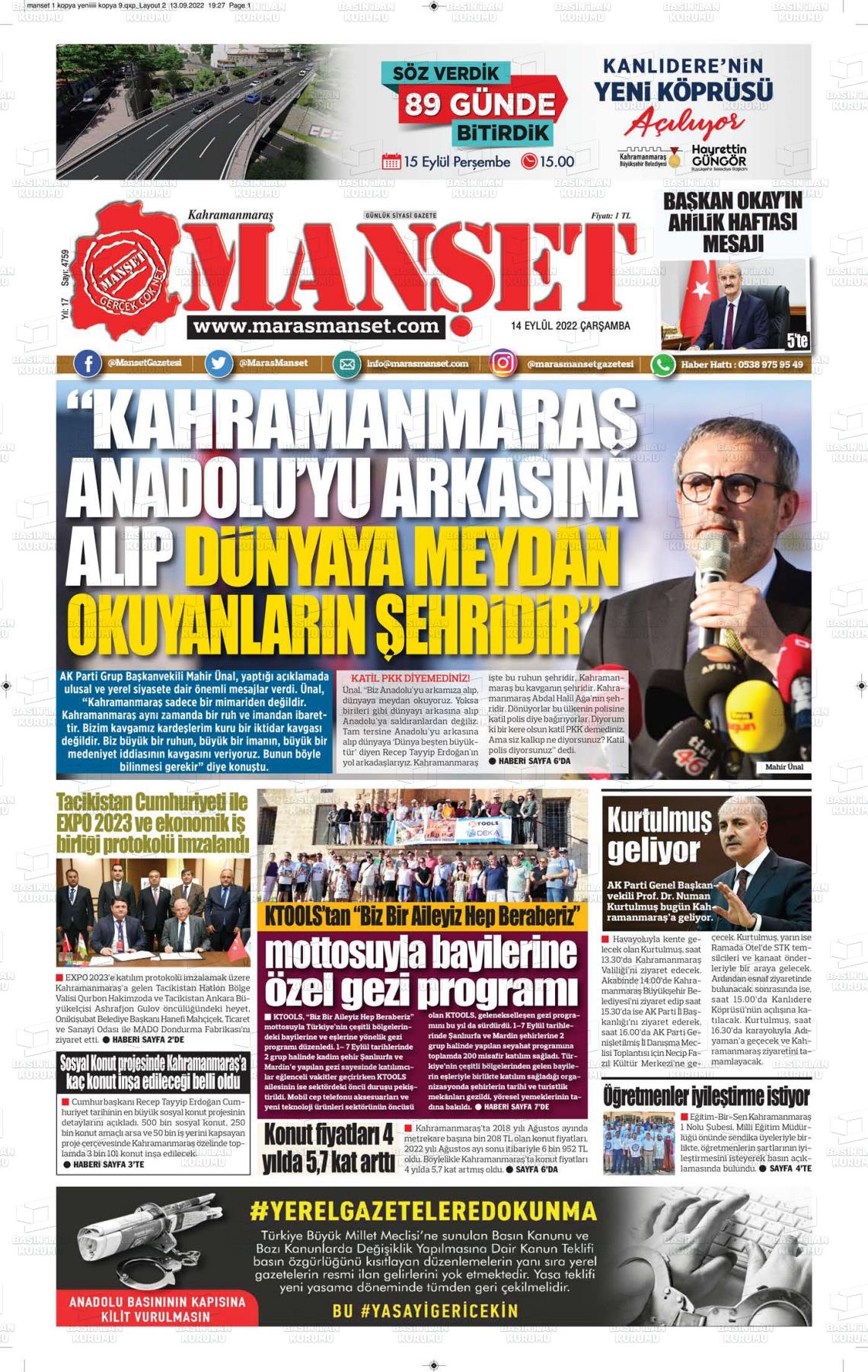 14 Eylül 2022 Manşet Gazete Manşeti