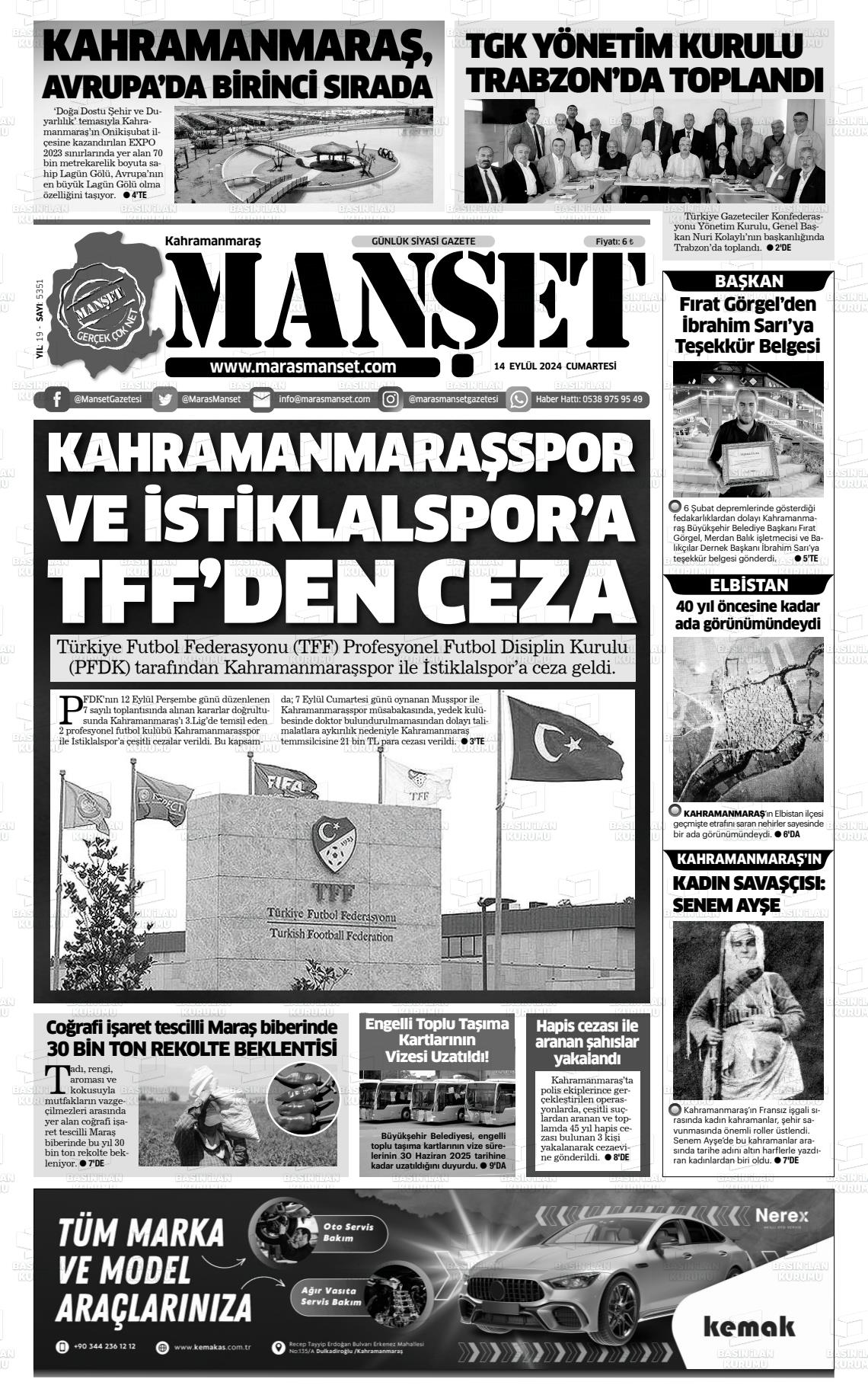 14 Eylül 2024 Manşet Gazete Manşeti