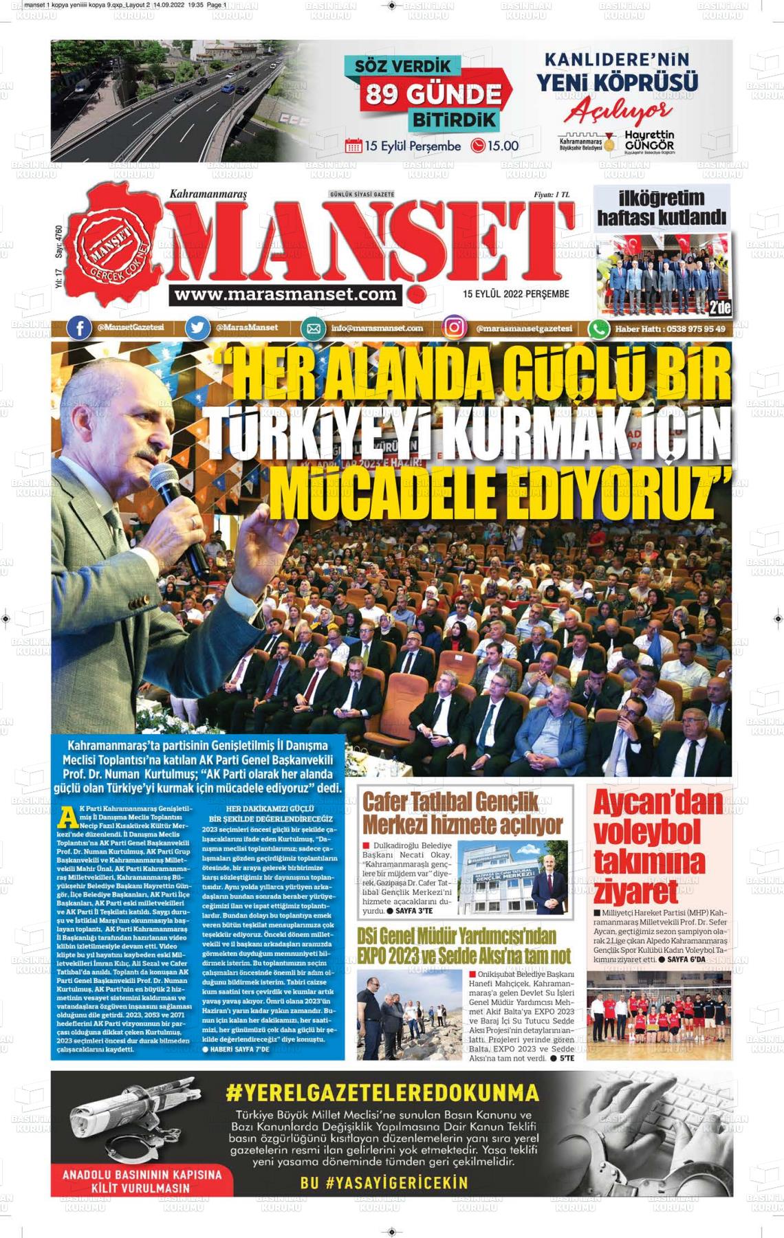 15 Eylül 2022 Manşet Gazete Manşeti