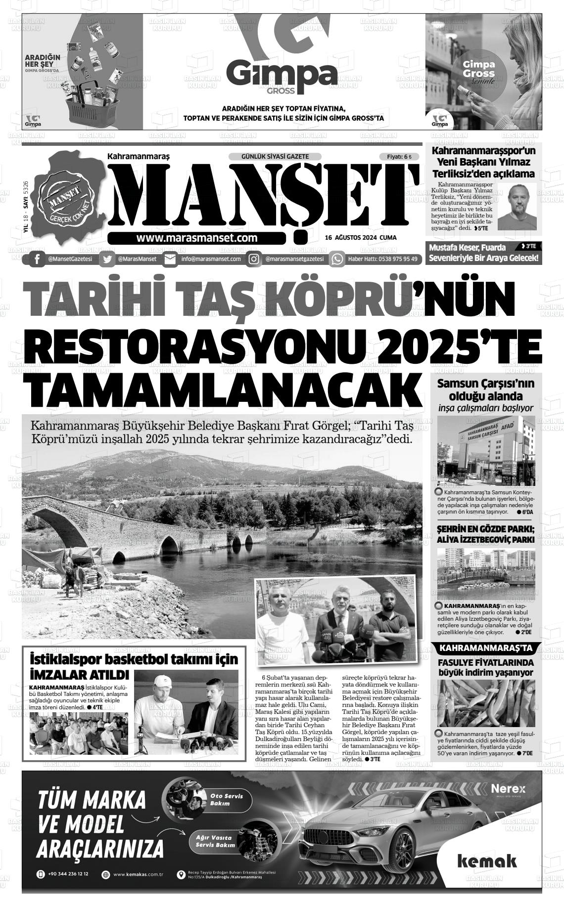 16 Ağustos 2024 Manşet Gazete Manşeti