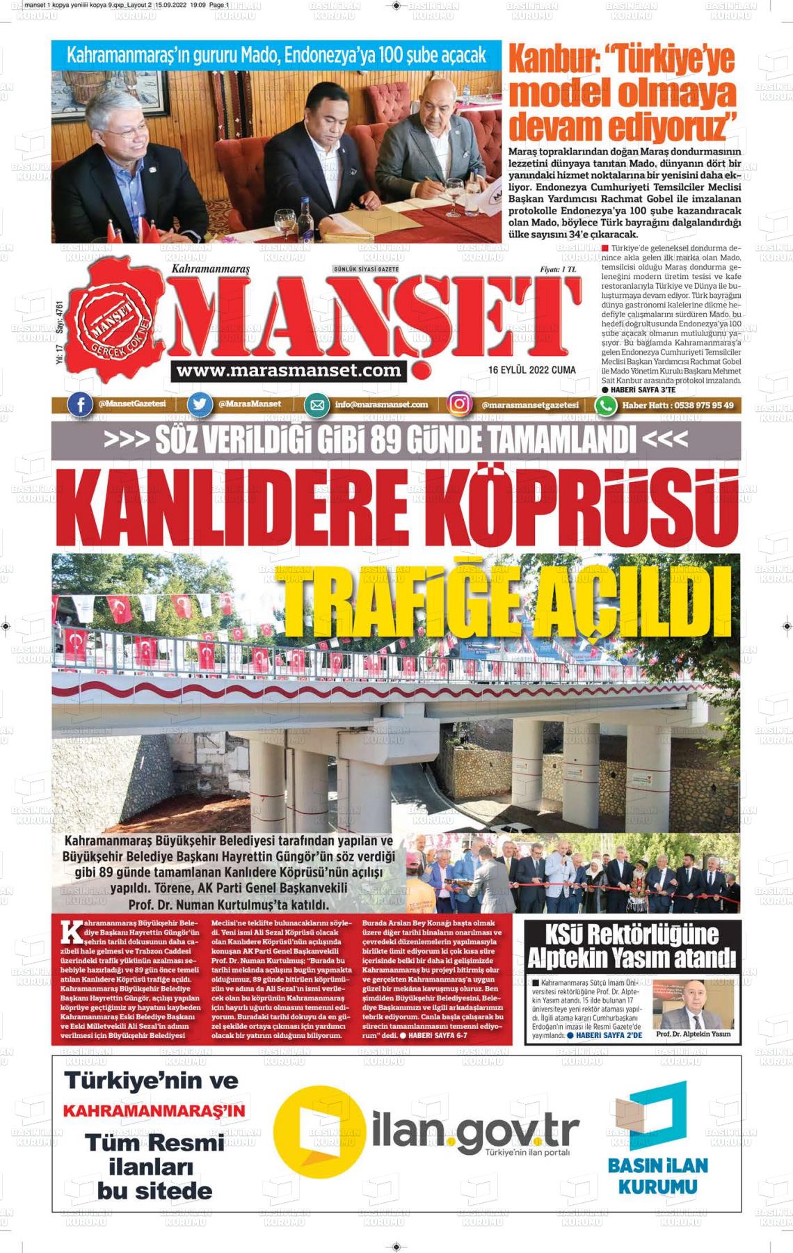 16 Eylül 2022 Manşet Gazete Manşeti