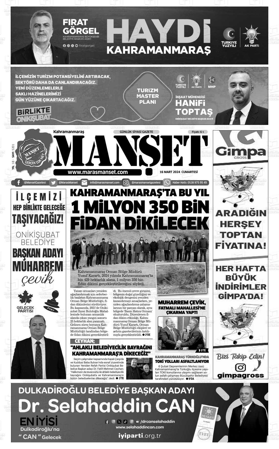 16 Mart 2024 Manşet Gazete Manşeti