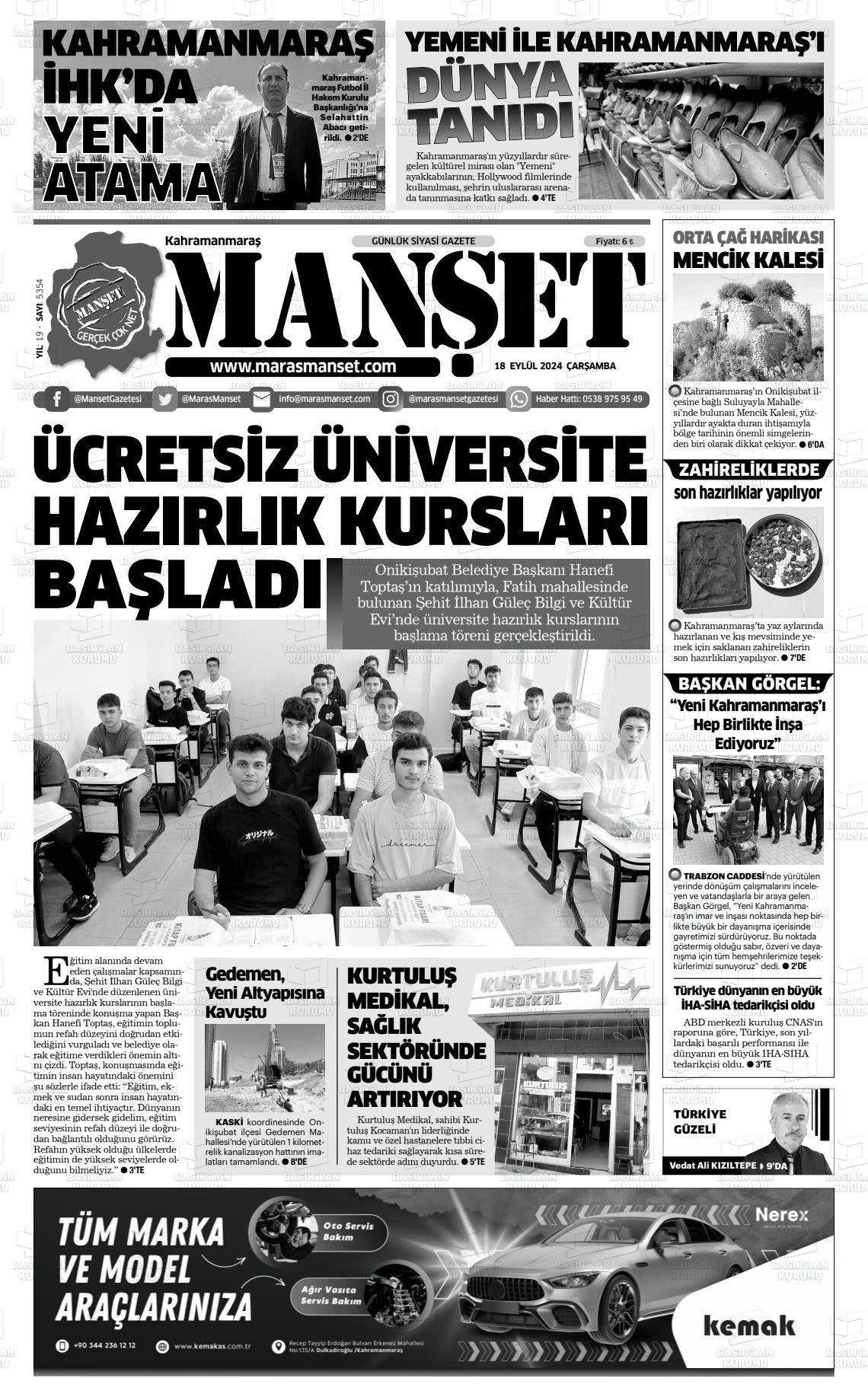 18 Eylül 2024 Manşet Gazete Manşeti