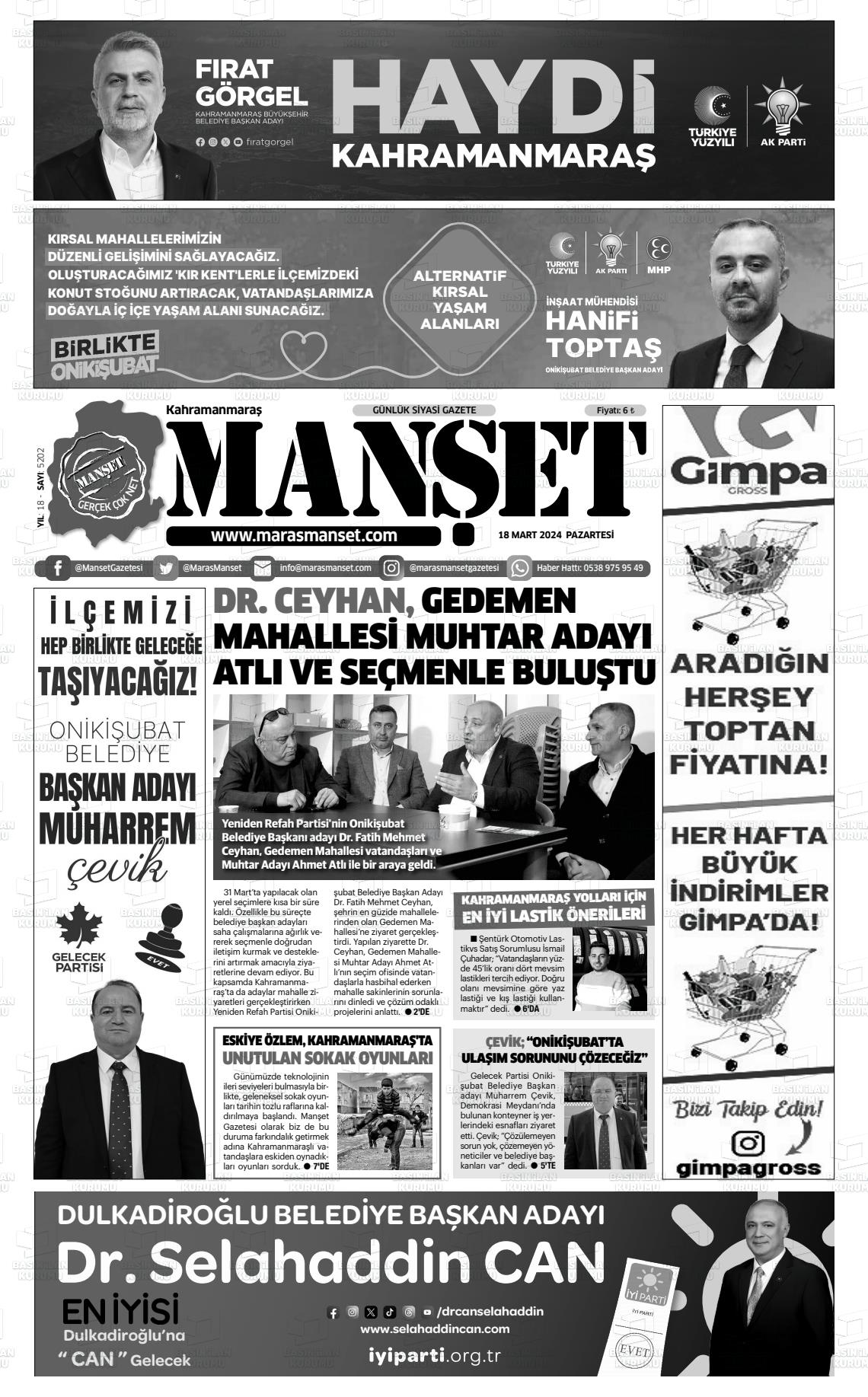 18 Mart 2024 Manşet Gazete Manşeti