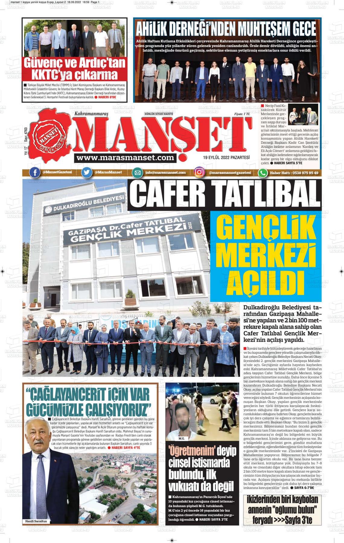 19 Eylül 2022 Manşet Gazete Manşeti