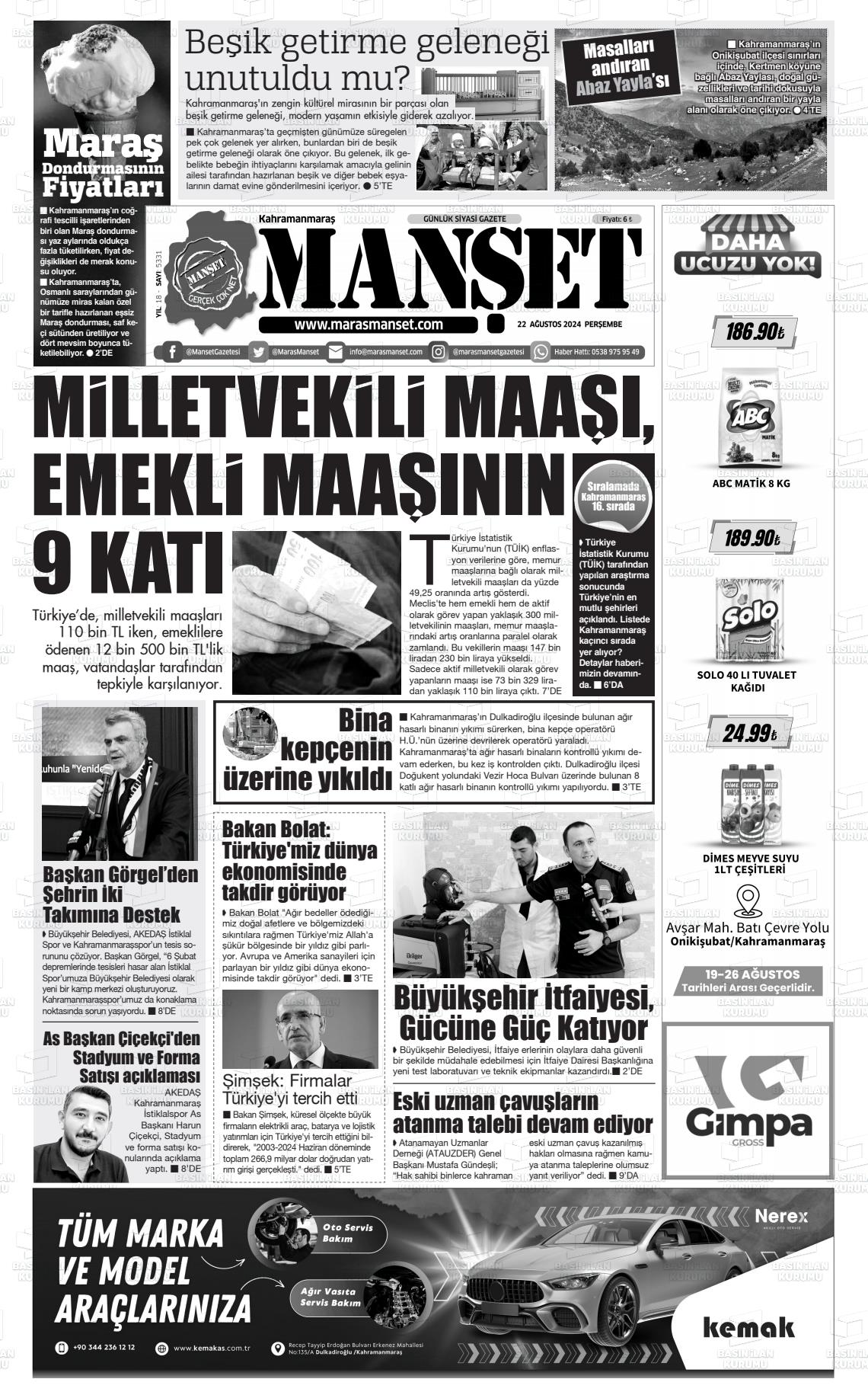 22 Ağustos 2024 Manşet Gazete Manşeti