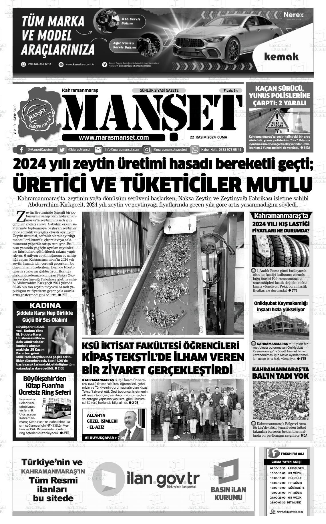 22 Kasım 2024 Manşet Gazete Manşeti