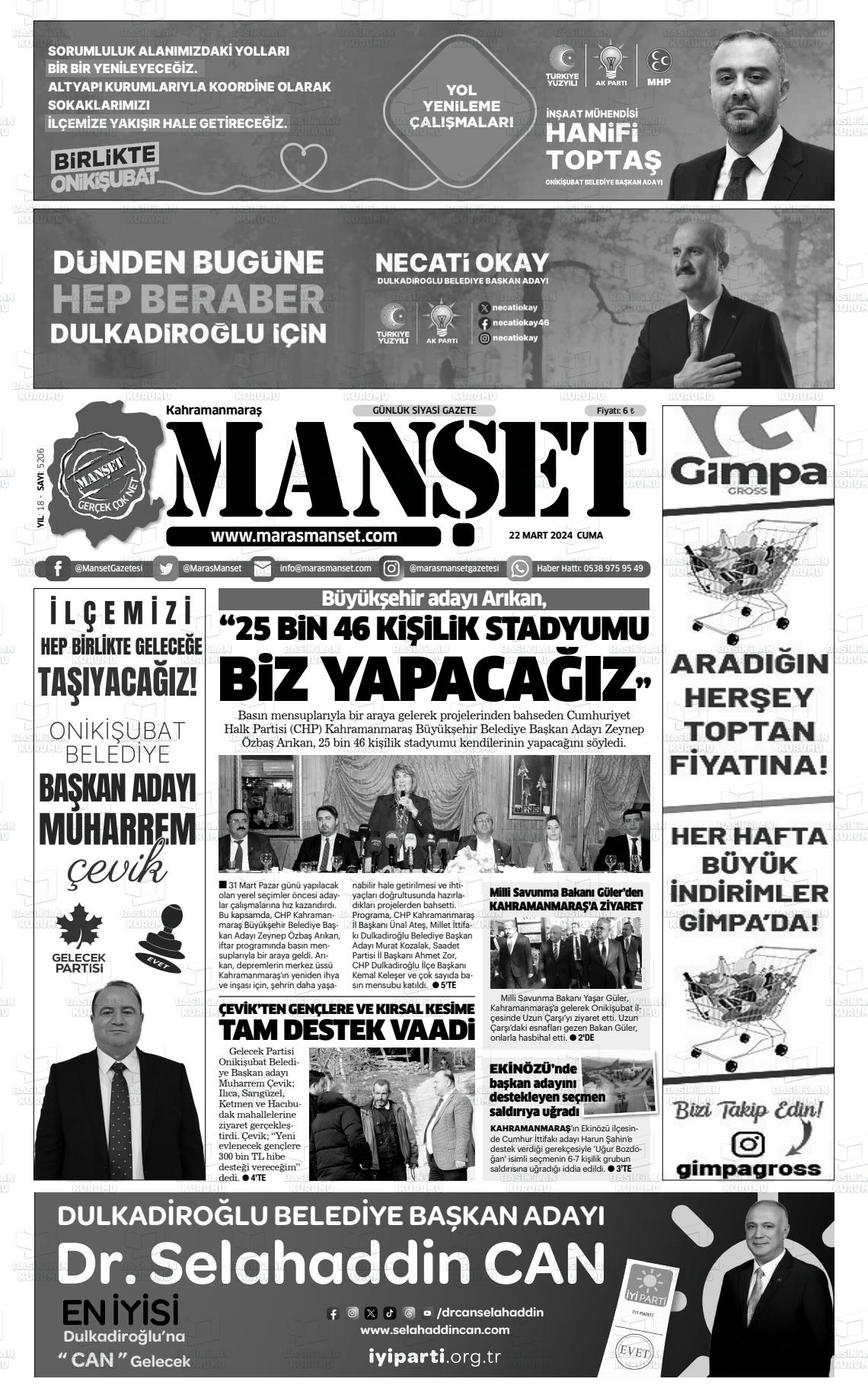 22 Mart 2024 Manşet Gazete Manşeti