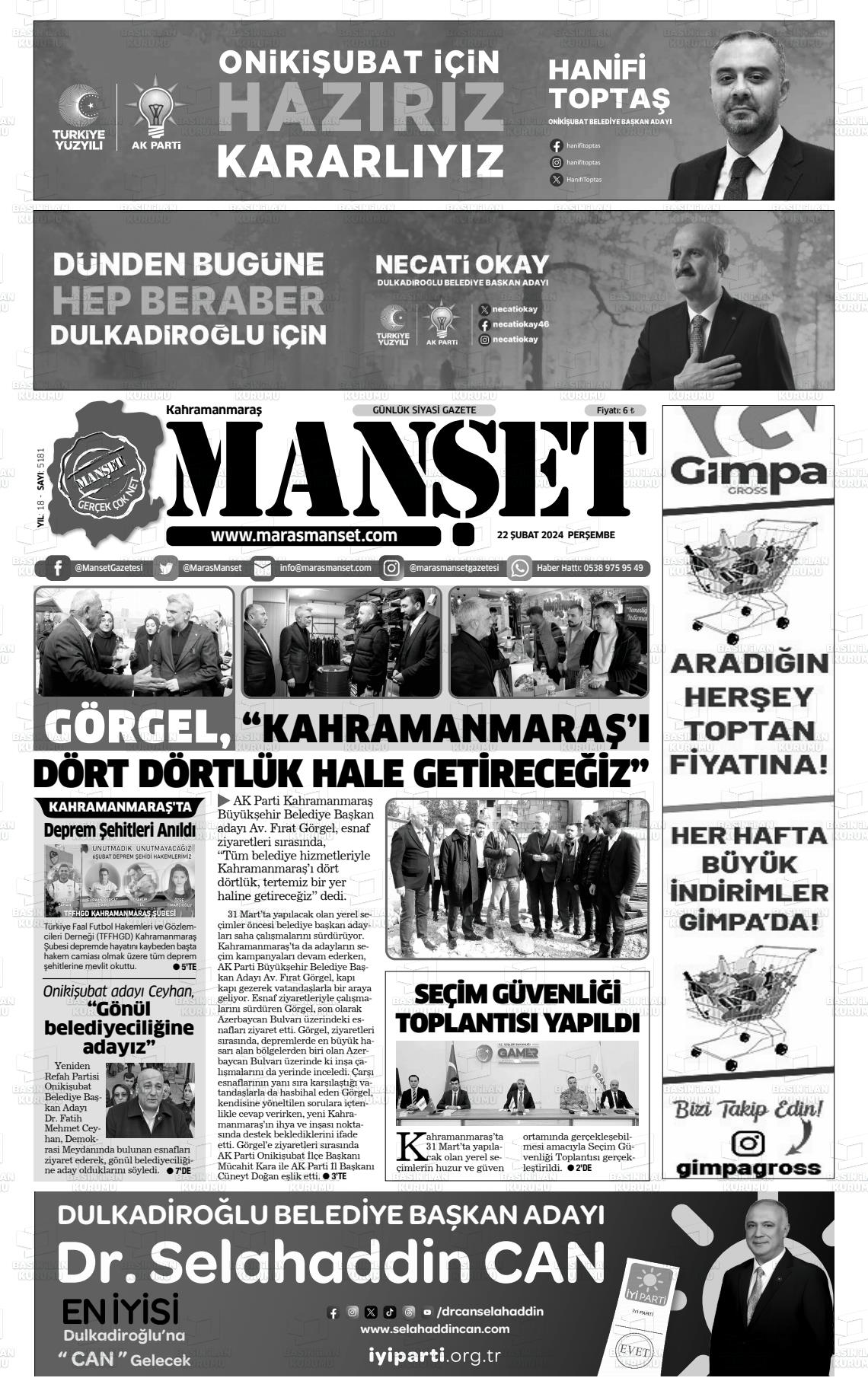 22 Şubat 2024 Manşet Gazete Manşeti