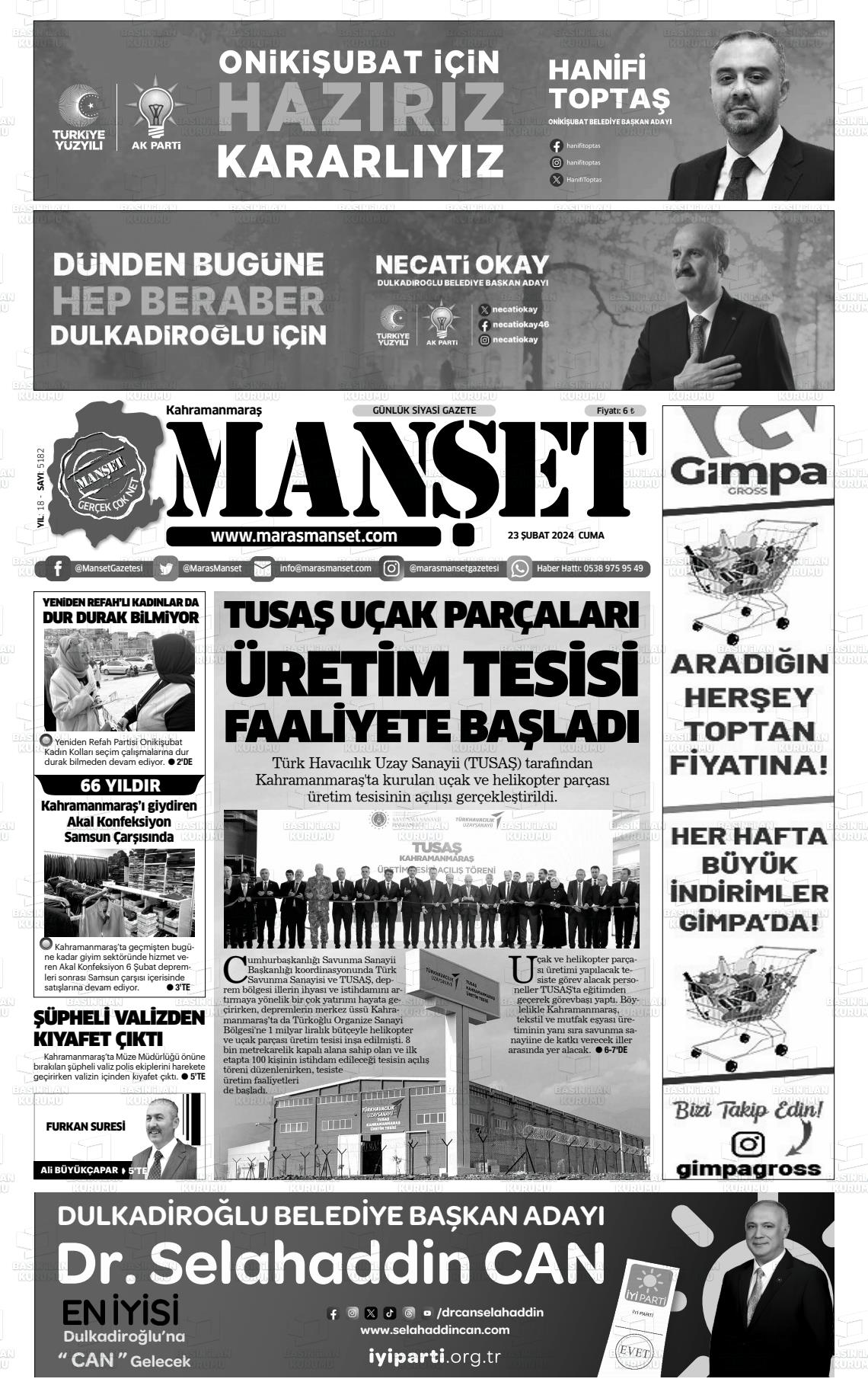 23 Şubat 2024 Manşet Gazete Manşeti