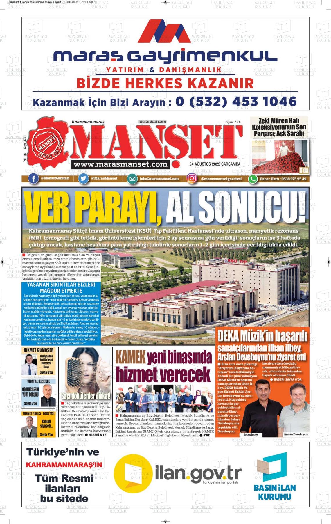 24 Ağustos 2022 Manşet Gazete Manşeti