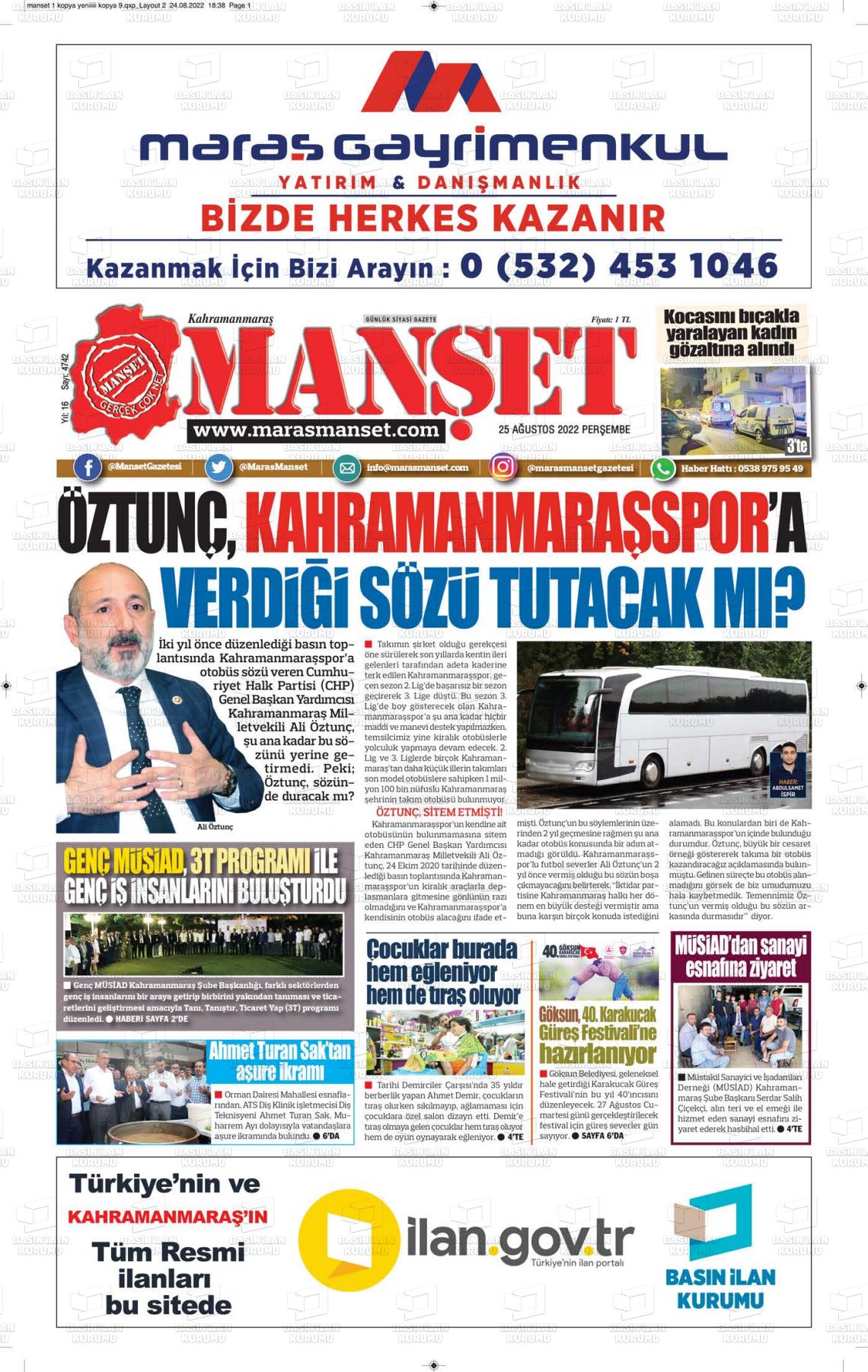 25 Ağustos 2022 Manşet Gazete Manşeti