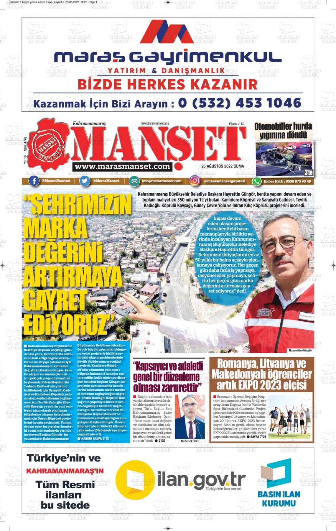 26 Ağustos 2022 Manşet Gazete Manşeti