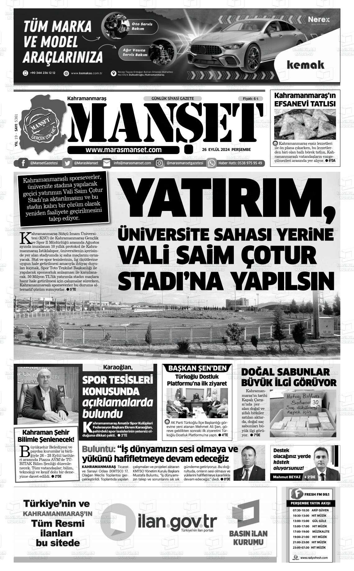 26 Eylül 2024 Manşet Gazete Manşeti