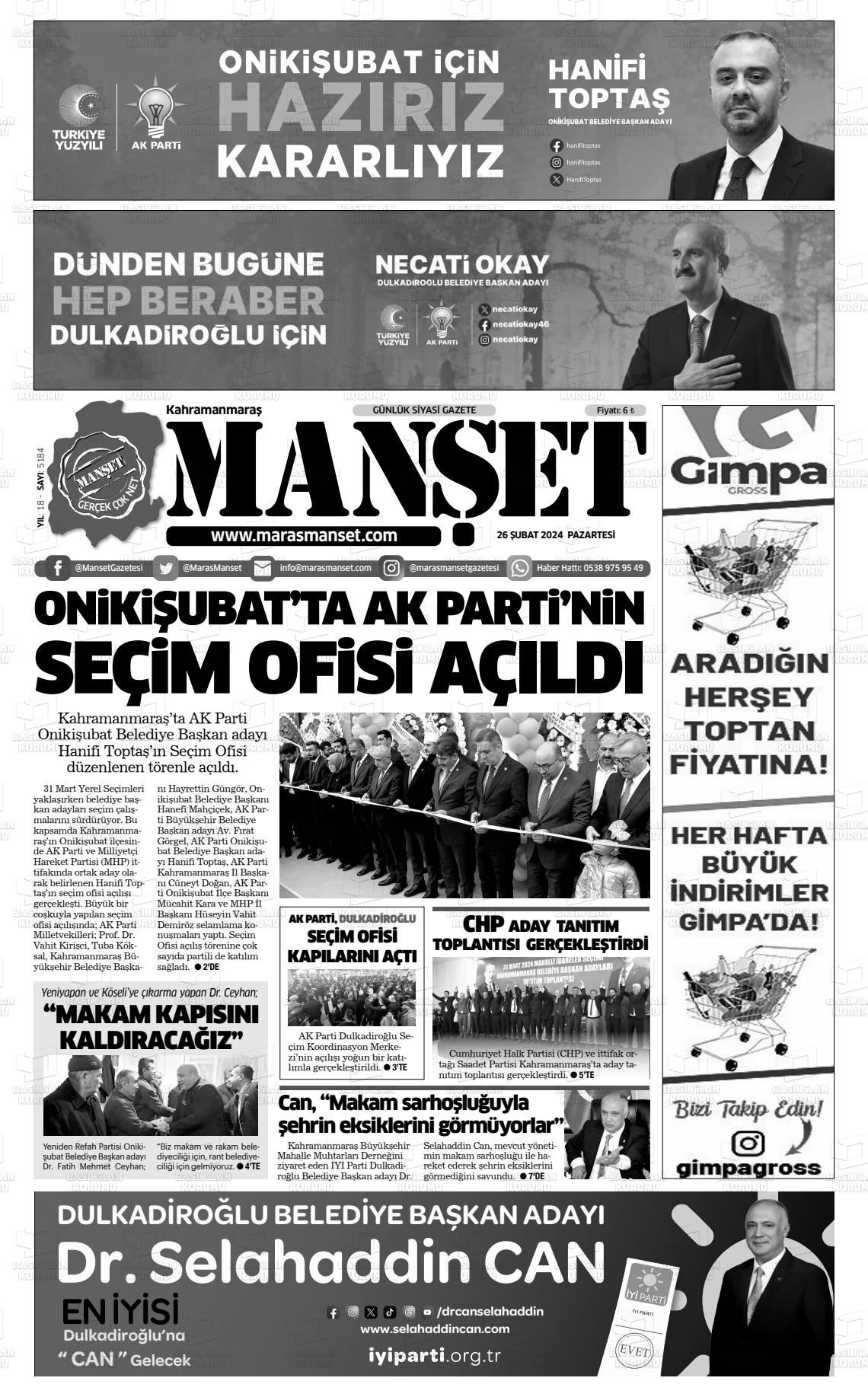 26 Şubat 2024 Manşet Gazete Manşeti