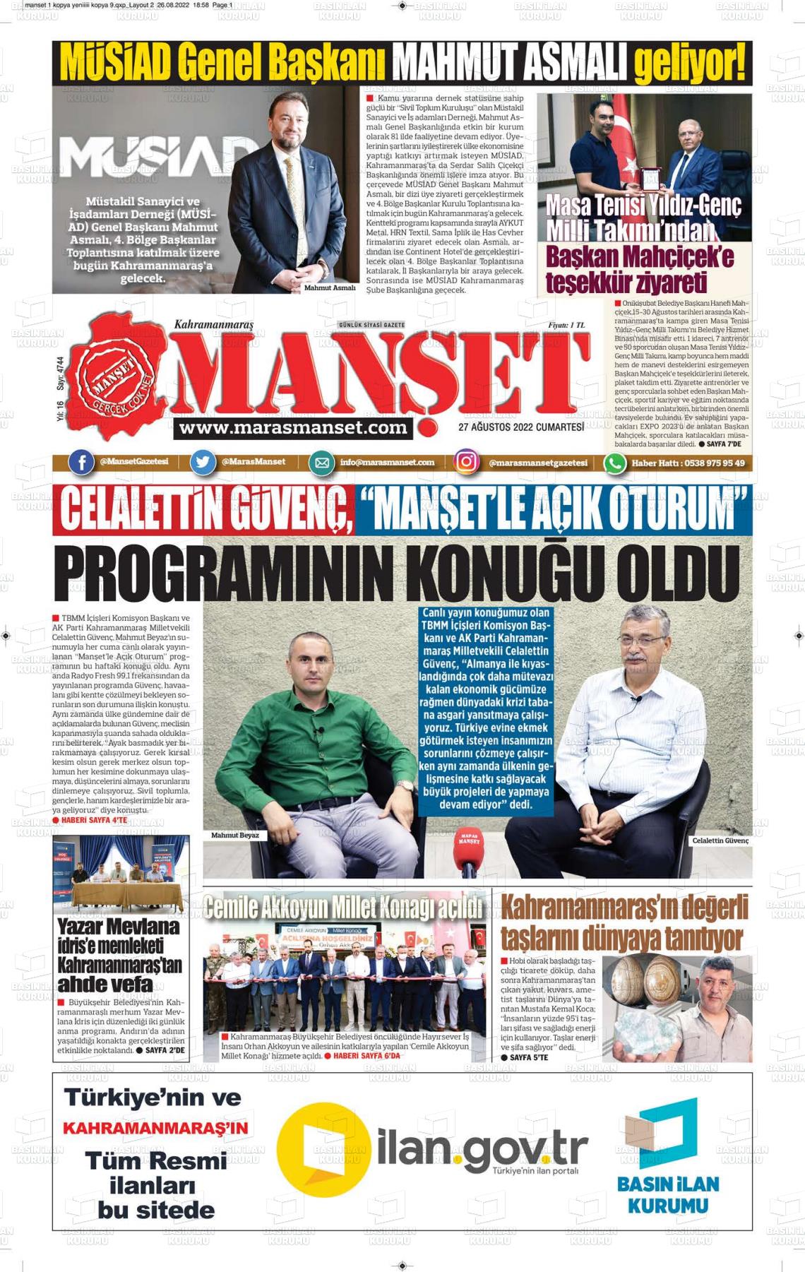 27 Ağustos 2022 Manşet Gazete Manşeti