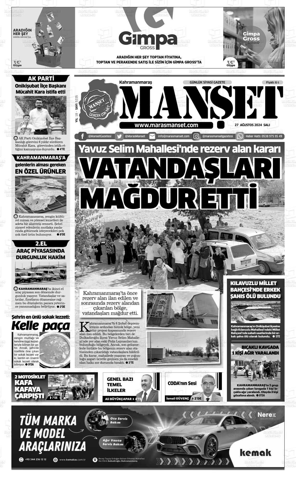 27 Ağustos 2024 Manşet Gazete Manşeti