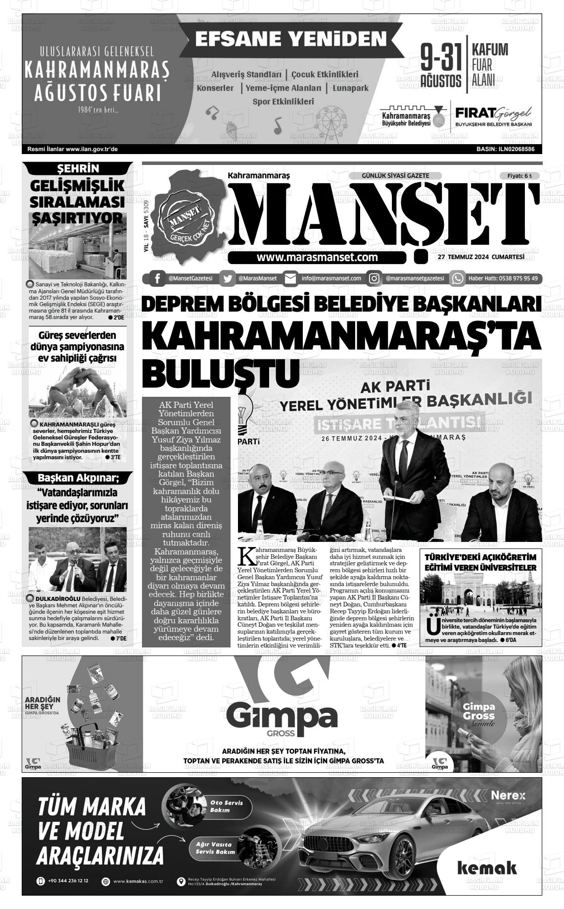 27 Temmuz 2024 Manşet Gazete Manşeti