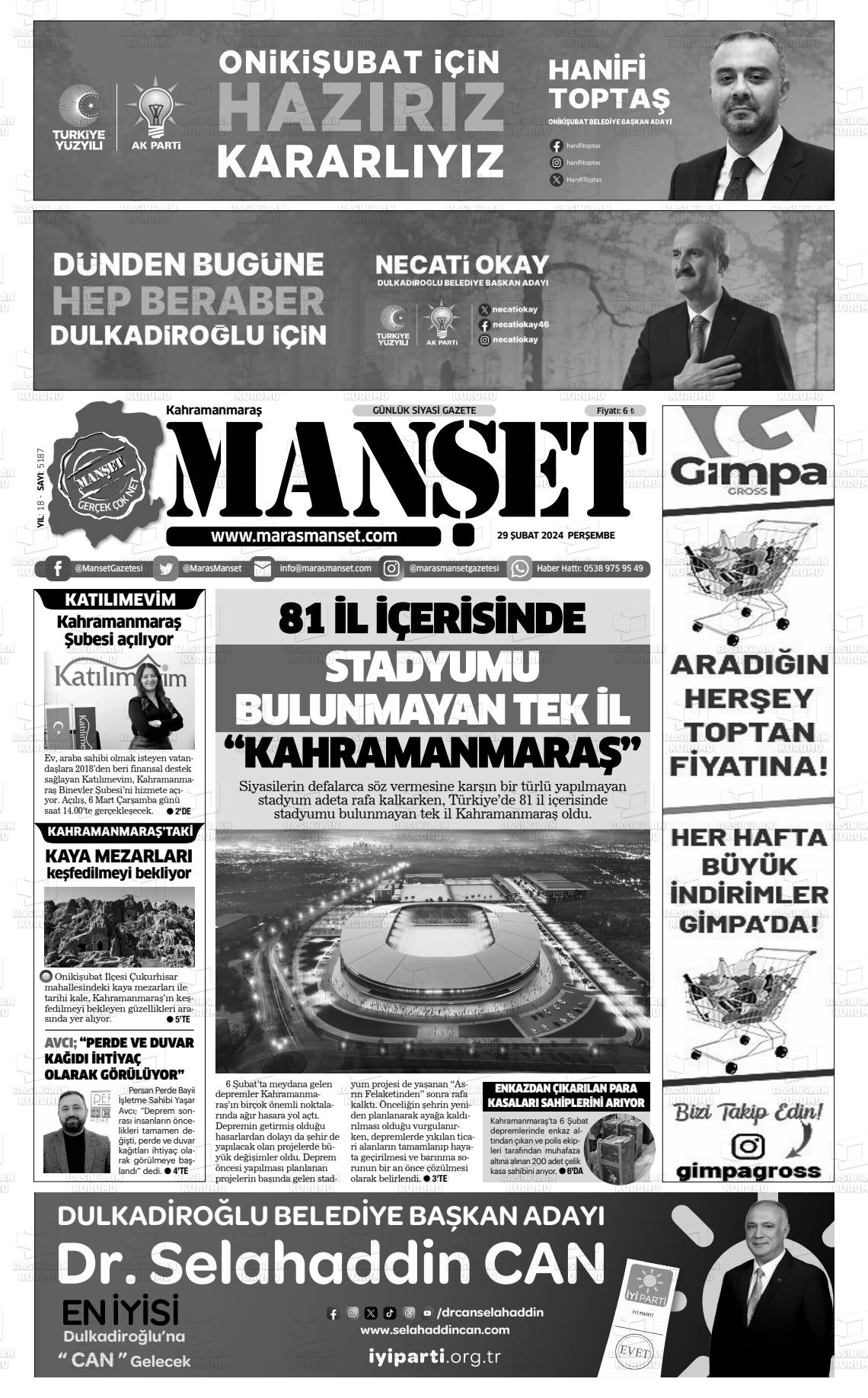 29 Şubat 2024 Manşet Gazete Manşeti