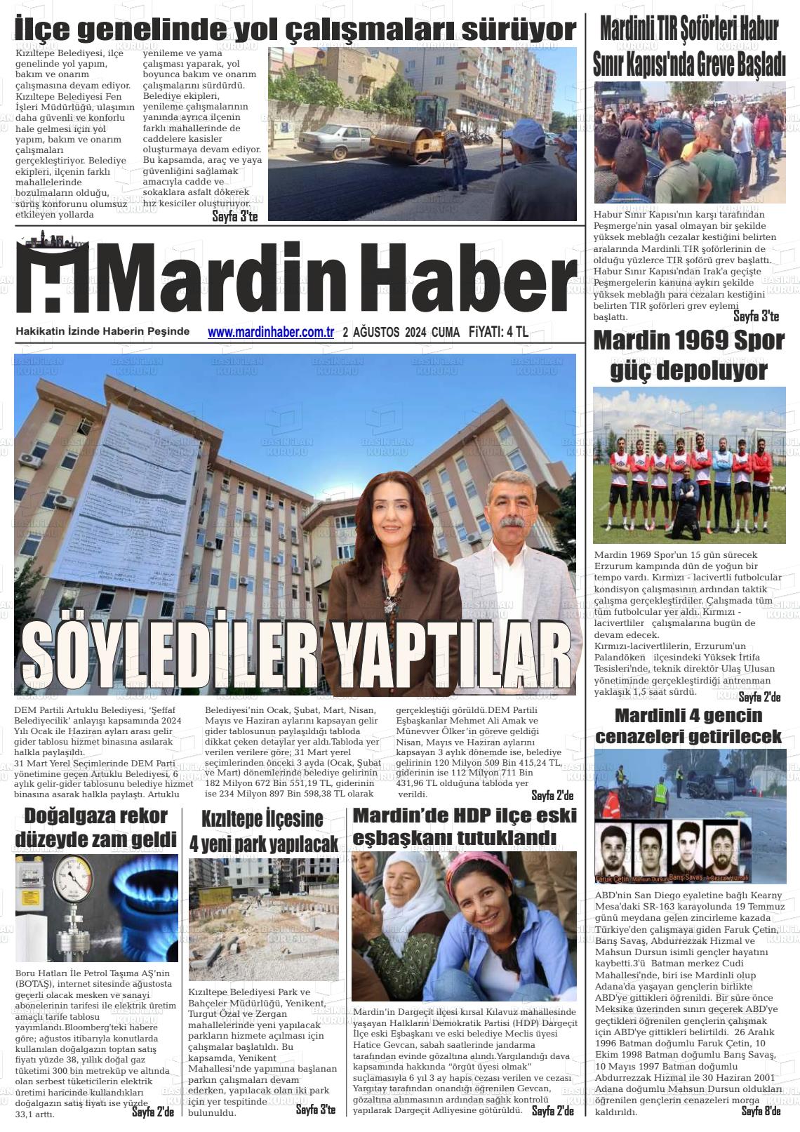 02 Ağustos 2024 Mardin Haber Gazete Manşeti