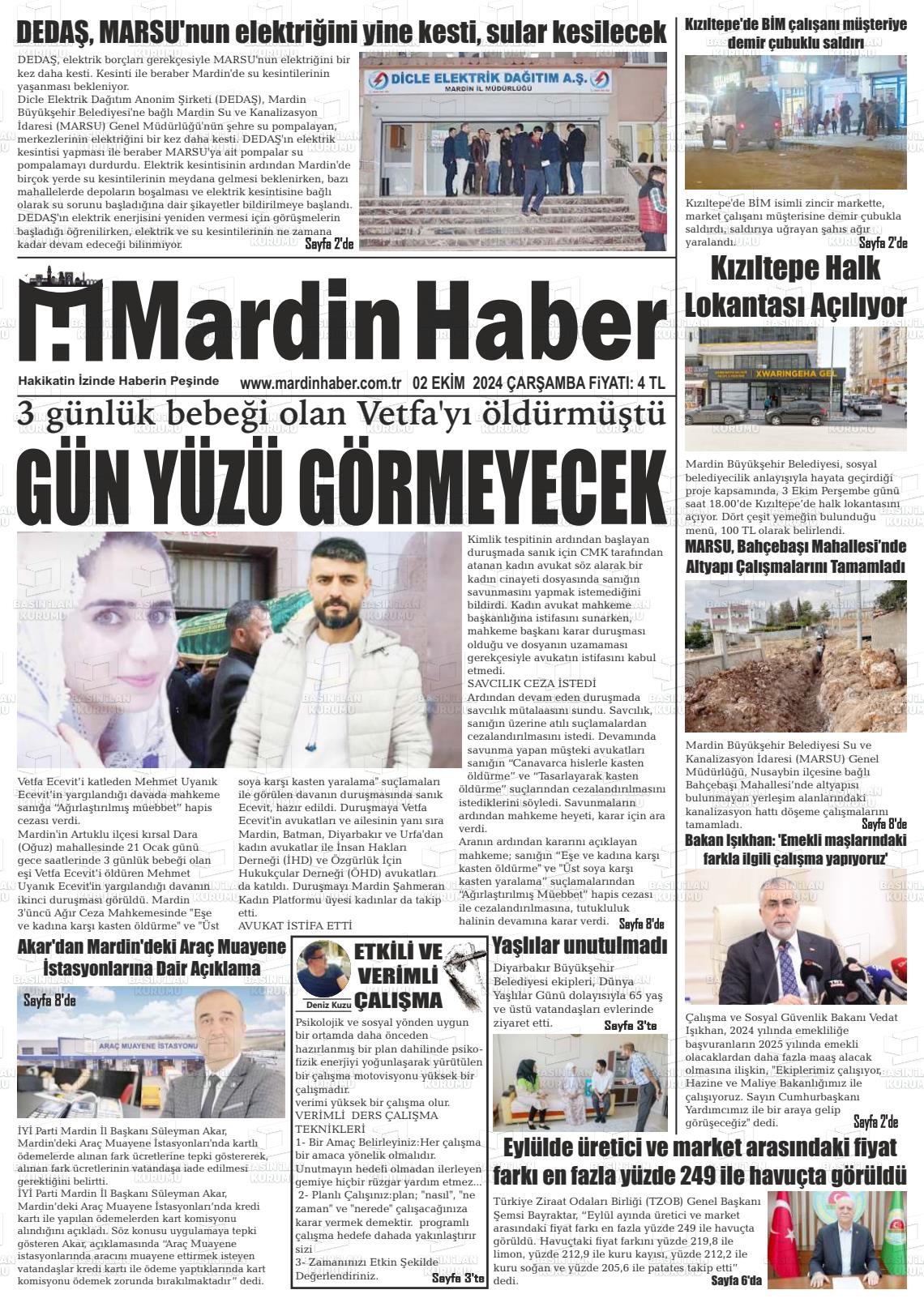 02 Ekim 2024 Mardin Haber Gazete Manşeti