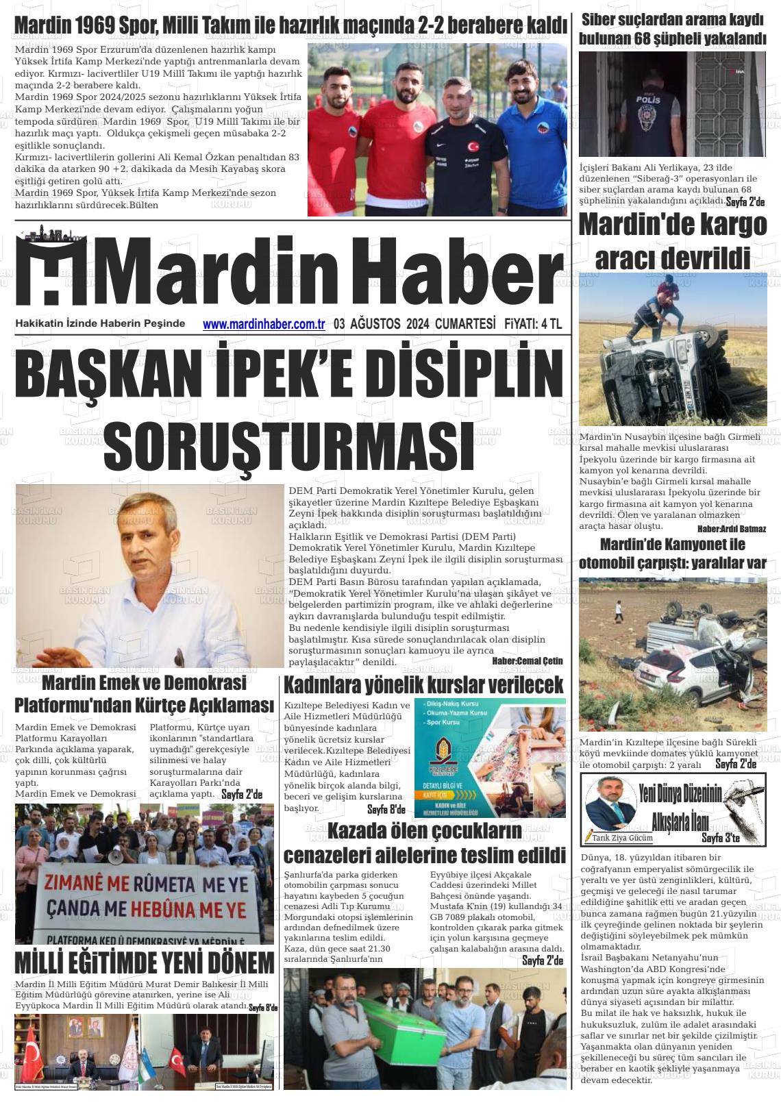 03 Ağustos 2024 Mardin Haber Gazete Manşeti