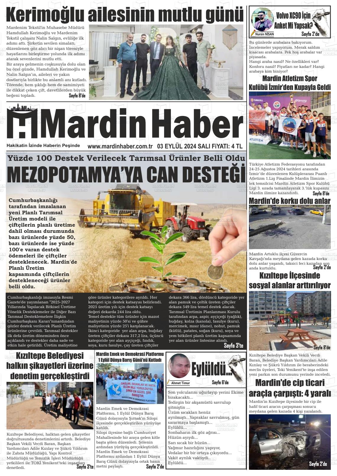 03 Eylül 2024 Mardin Haber Gazete Manşeti