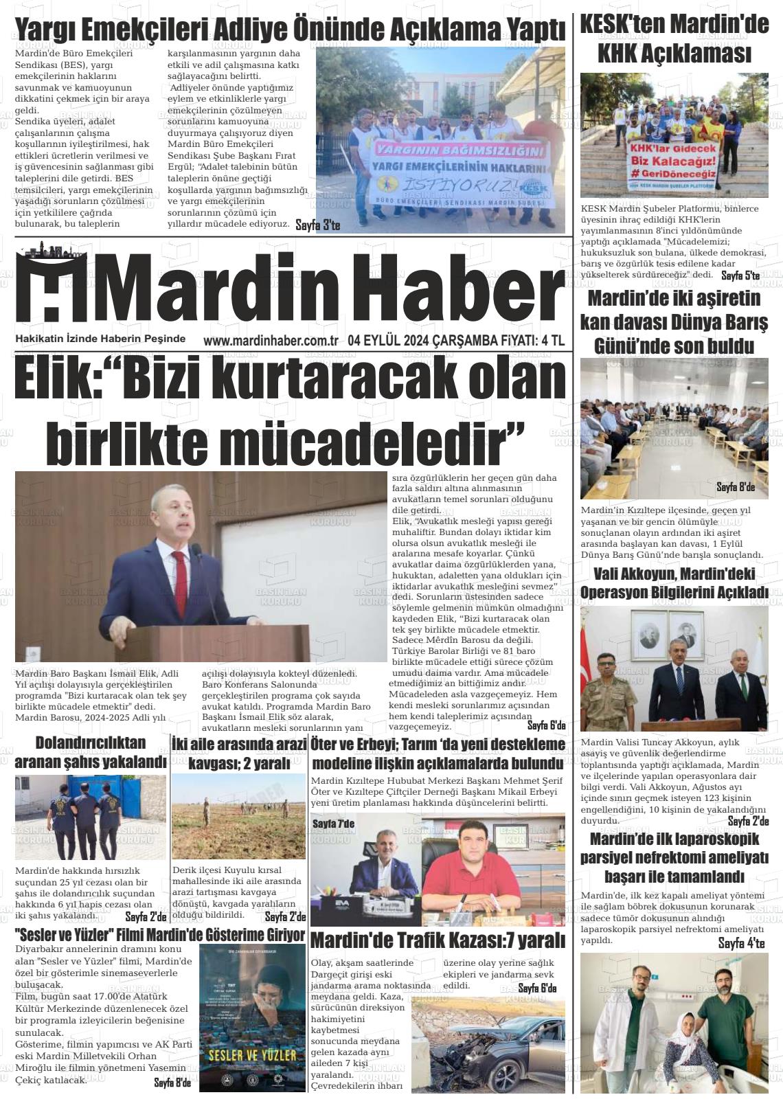 04 Eylül 2024 Mardin Haber Gazete Manşeti