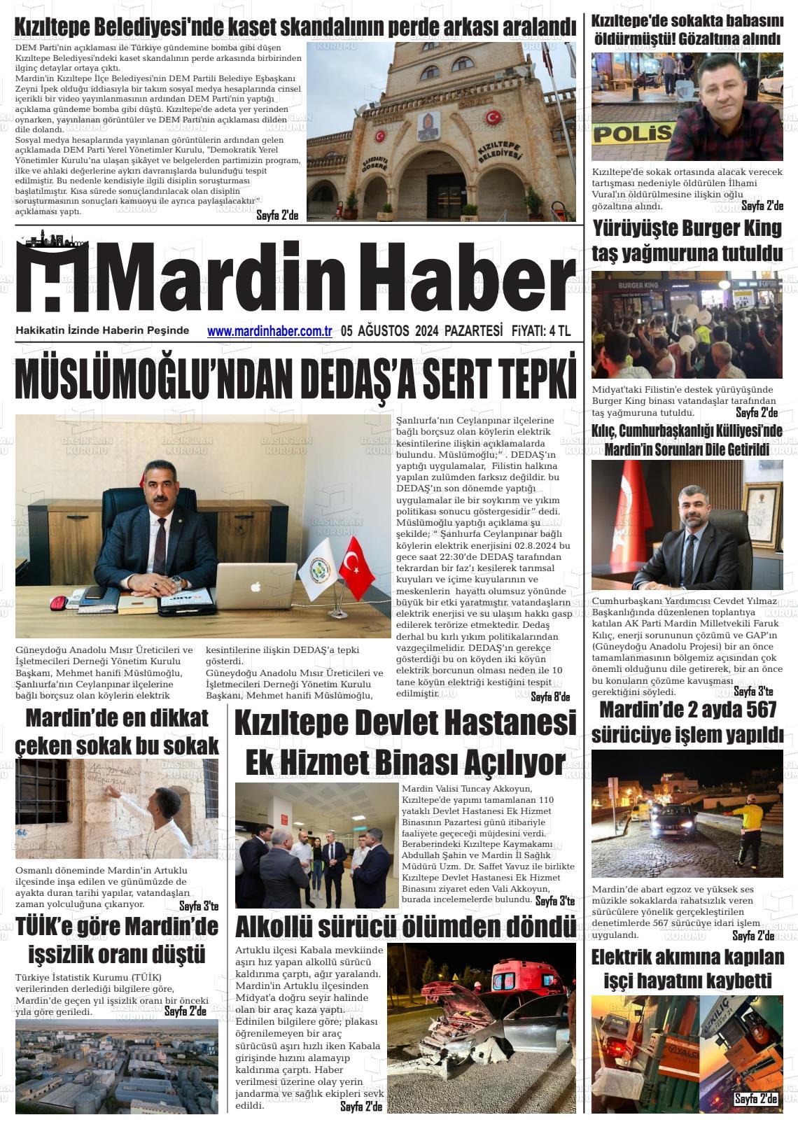 05 Ağustos 2024 Mardin Haber Gazete Manşeti