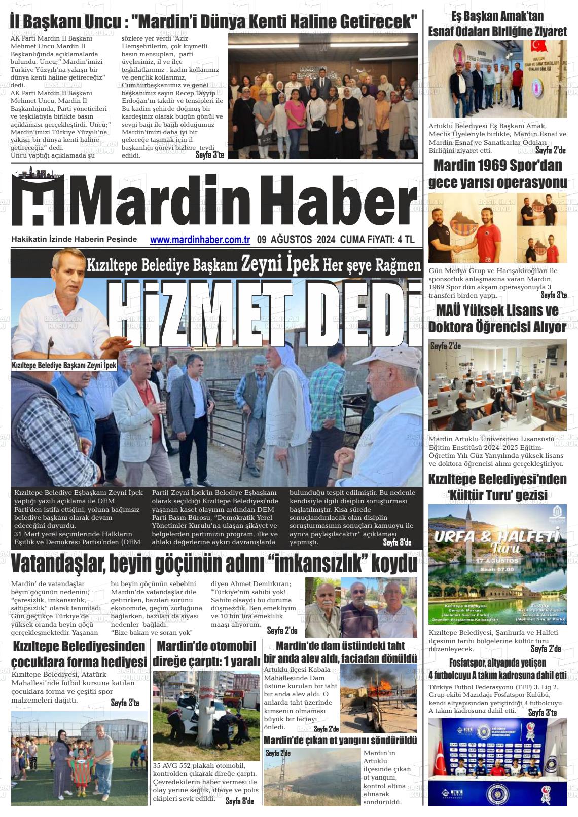 09 Ağustos 2024 Mardin Haber Gazete Manşeti