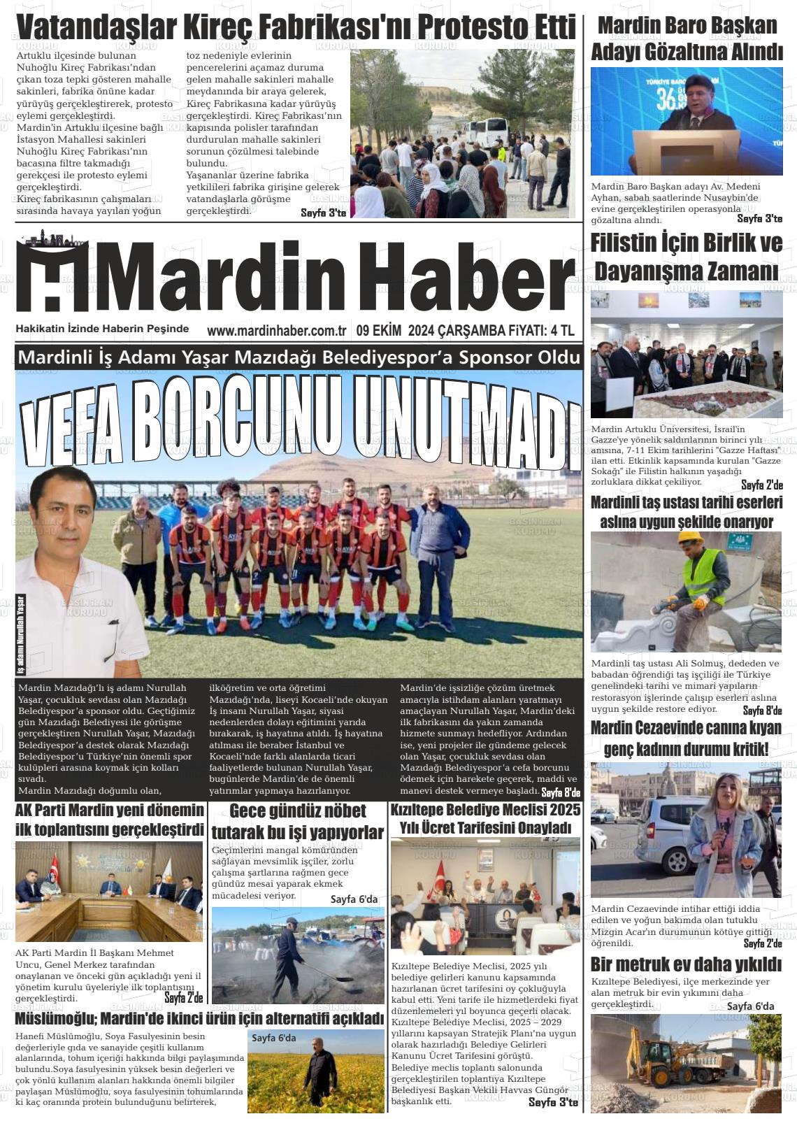 09 Ekim 2024 Mardin Haber Gazete Manşeti