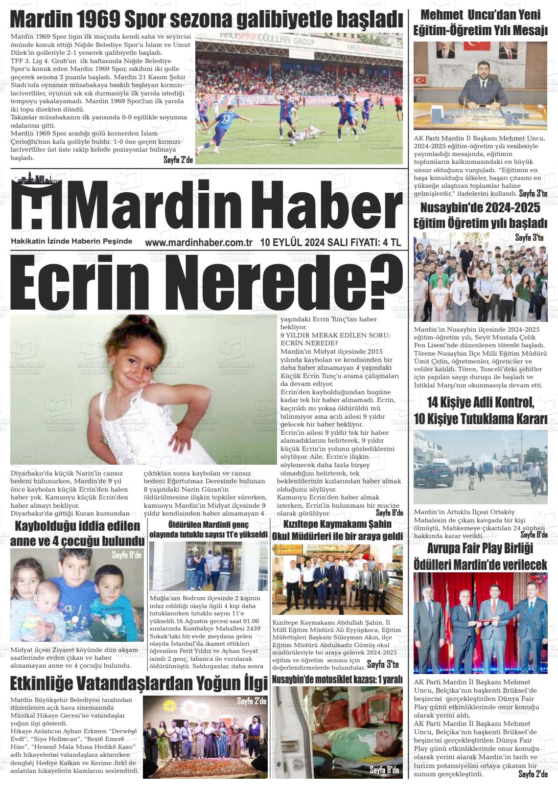 10 Eylül 2024 Mardin Haber Gazete Manşeti